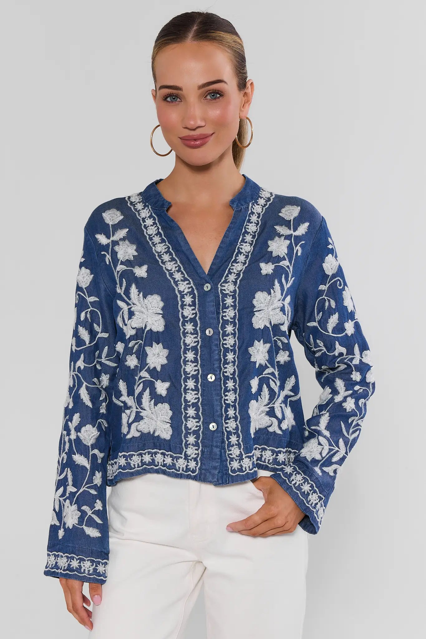 Chambray Embroidered Button Up Top