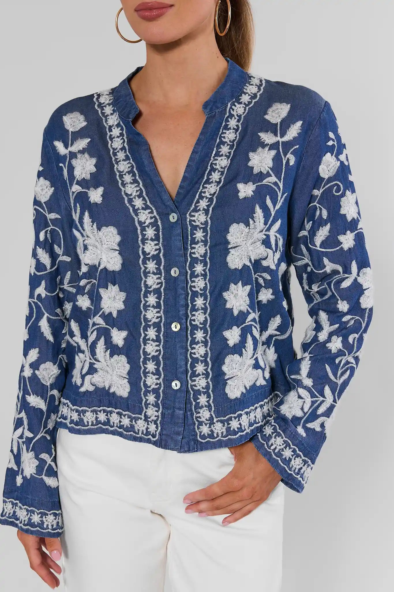 Chambray Embroidered Button Up Top