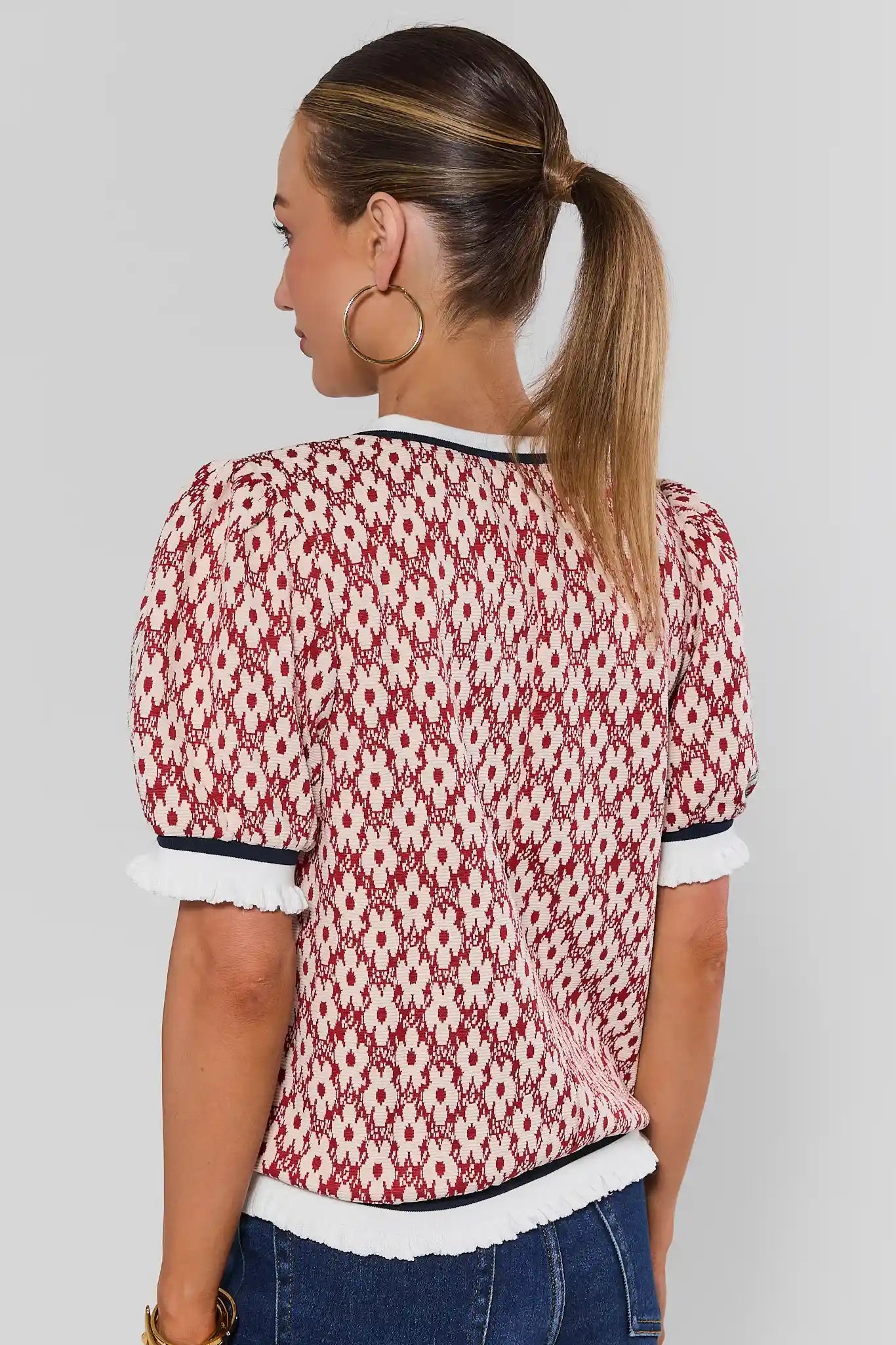 Rust Flower Printed Contrast Trim Top