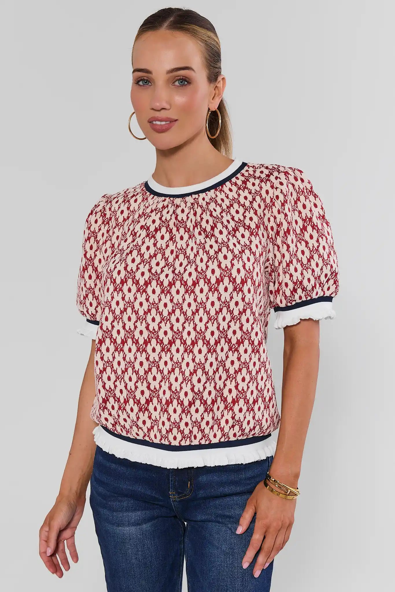 Rust Flower Printed Contrast Trim Top