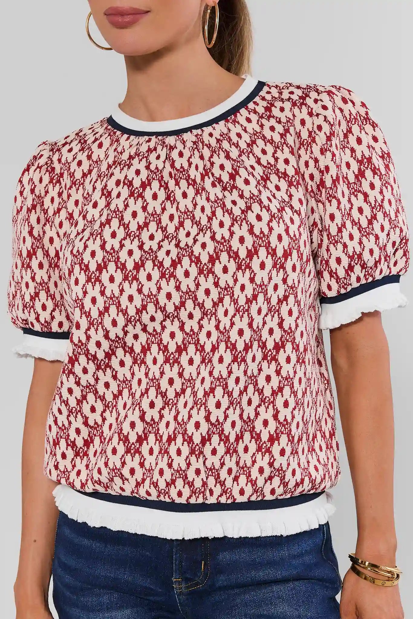 Rust Flower Printed Contrast Trim Top