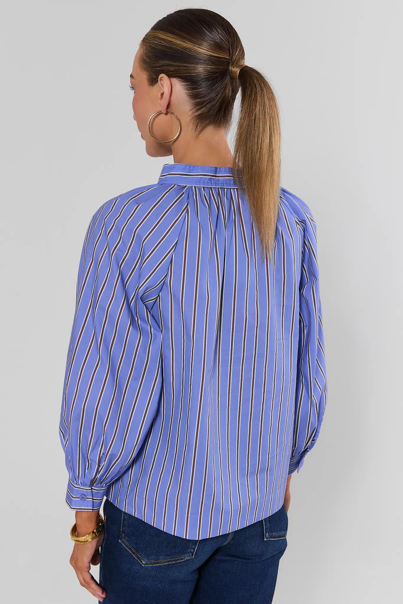 Carolyn Blue Striped Split Neck Top