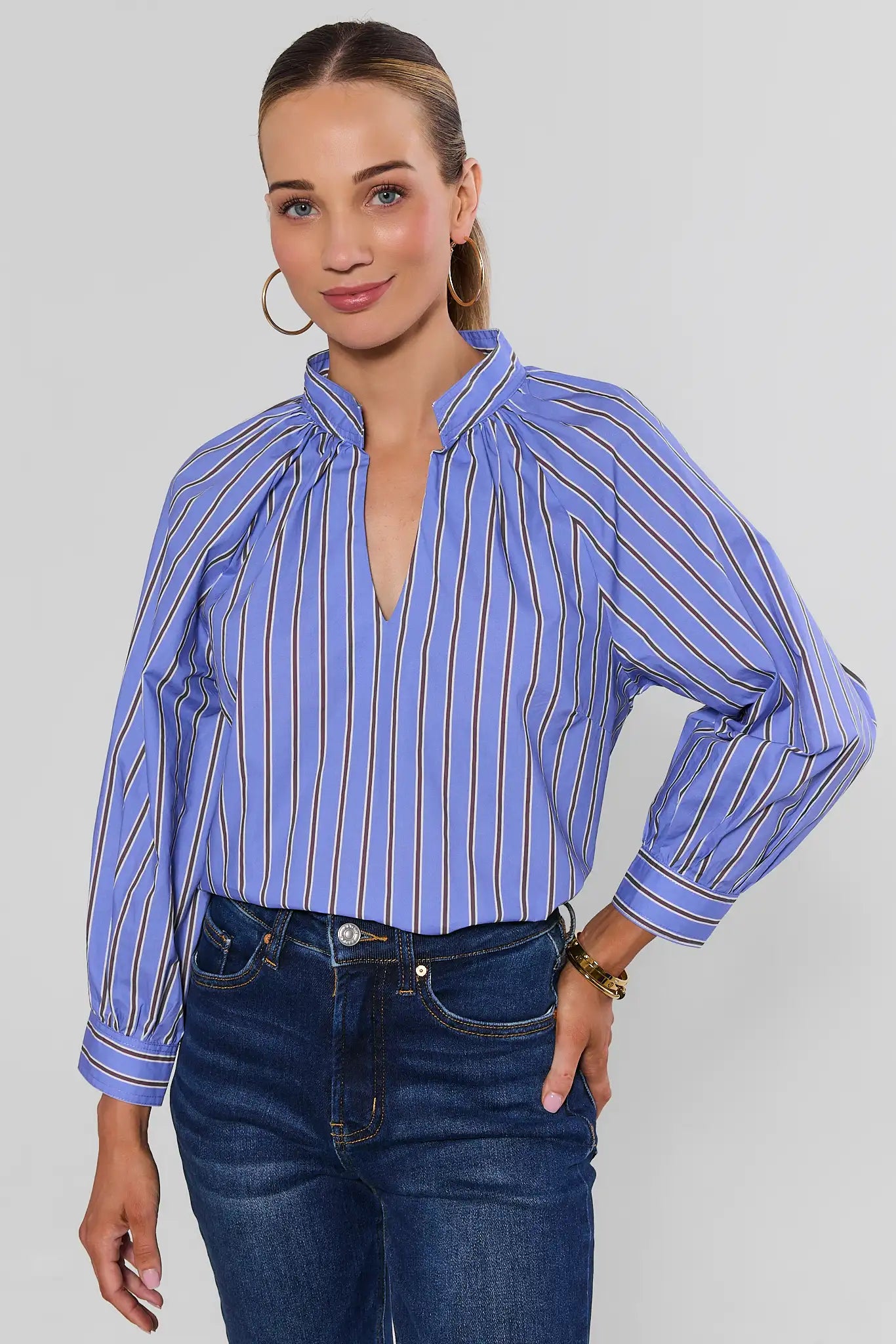 Carolyn Blue Striped Split Neck Top