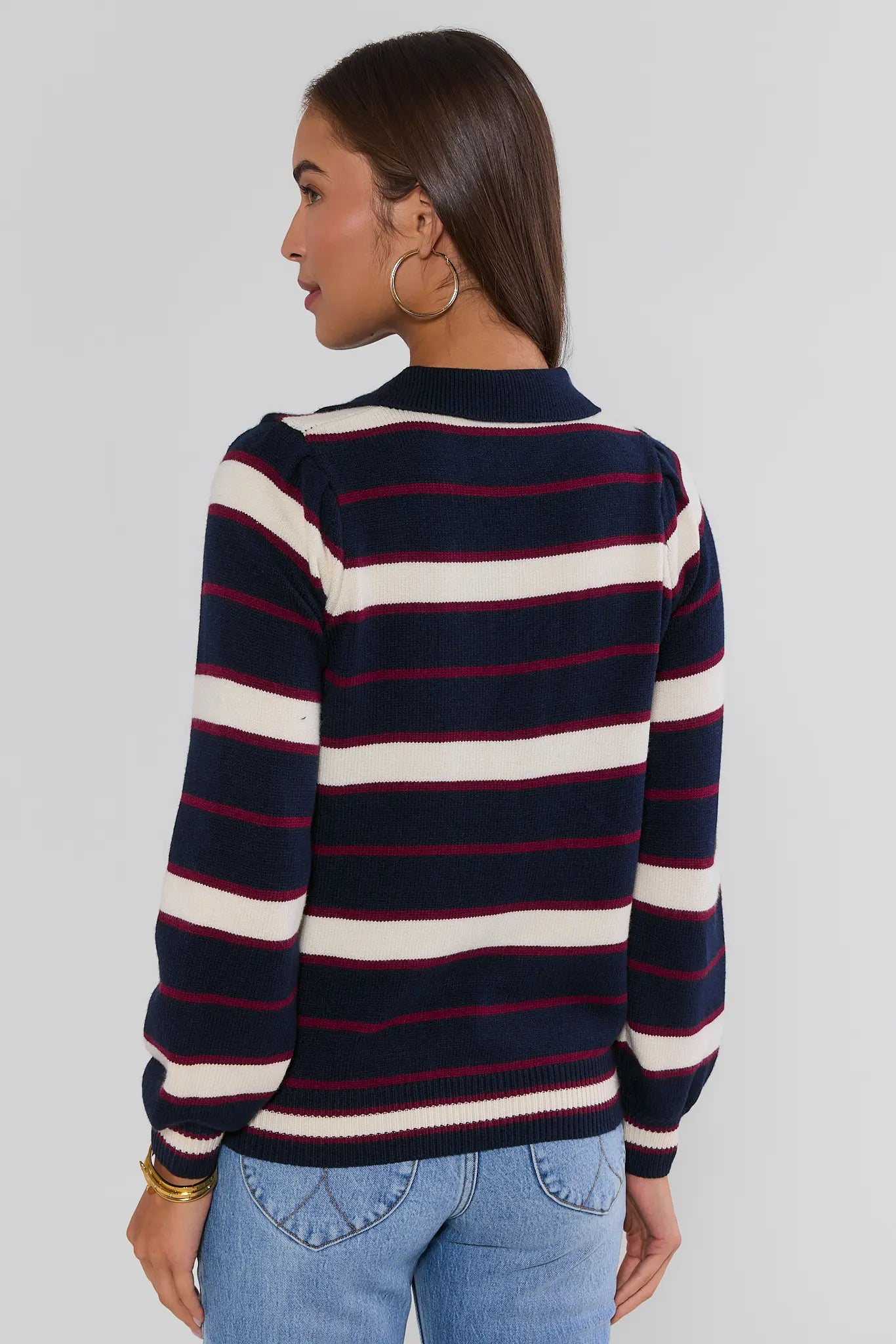 Navy Striped Split Neck Sweater