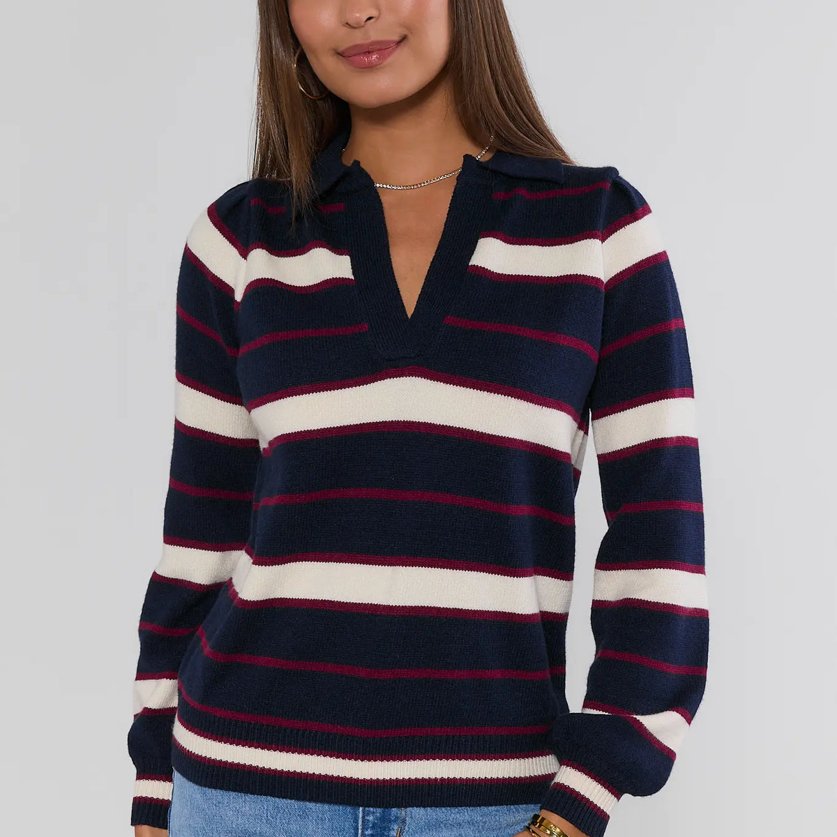 Navy Striped Split Neck Sweater | Avara