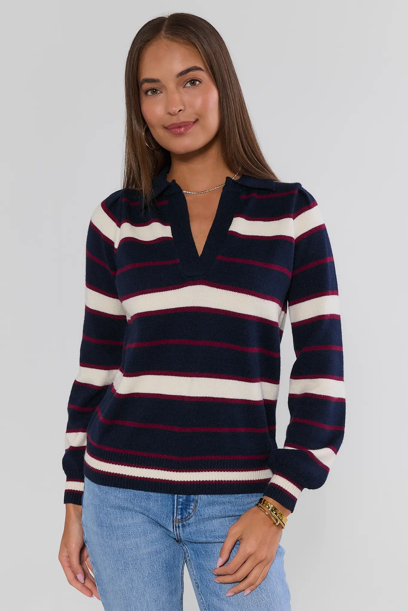Navy Striped Split Neck Sweater