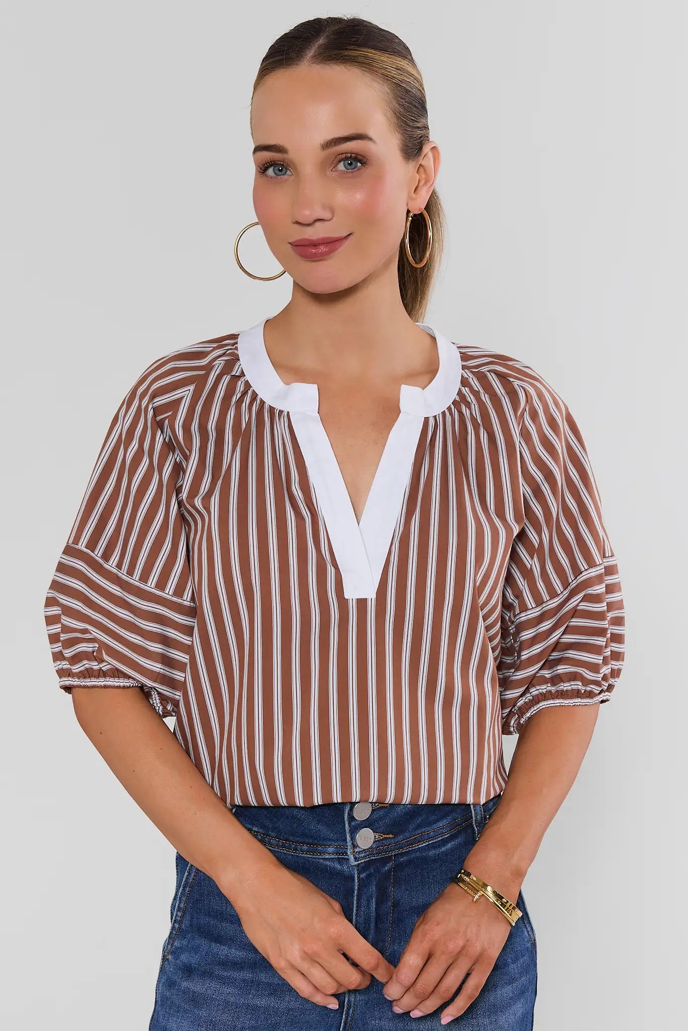 Brown Striped Contrast Trim Top