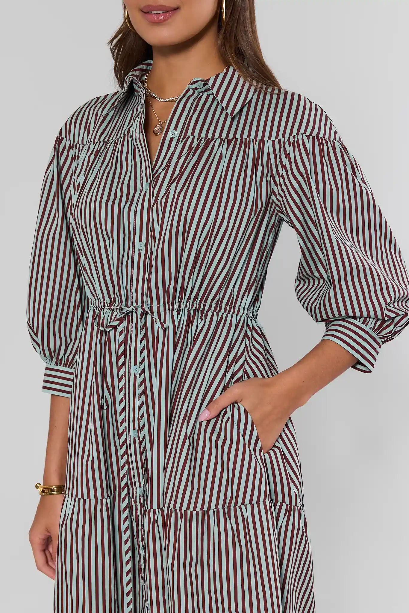 Brown Striped Button Up Midi Dress