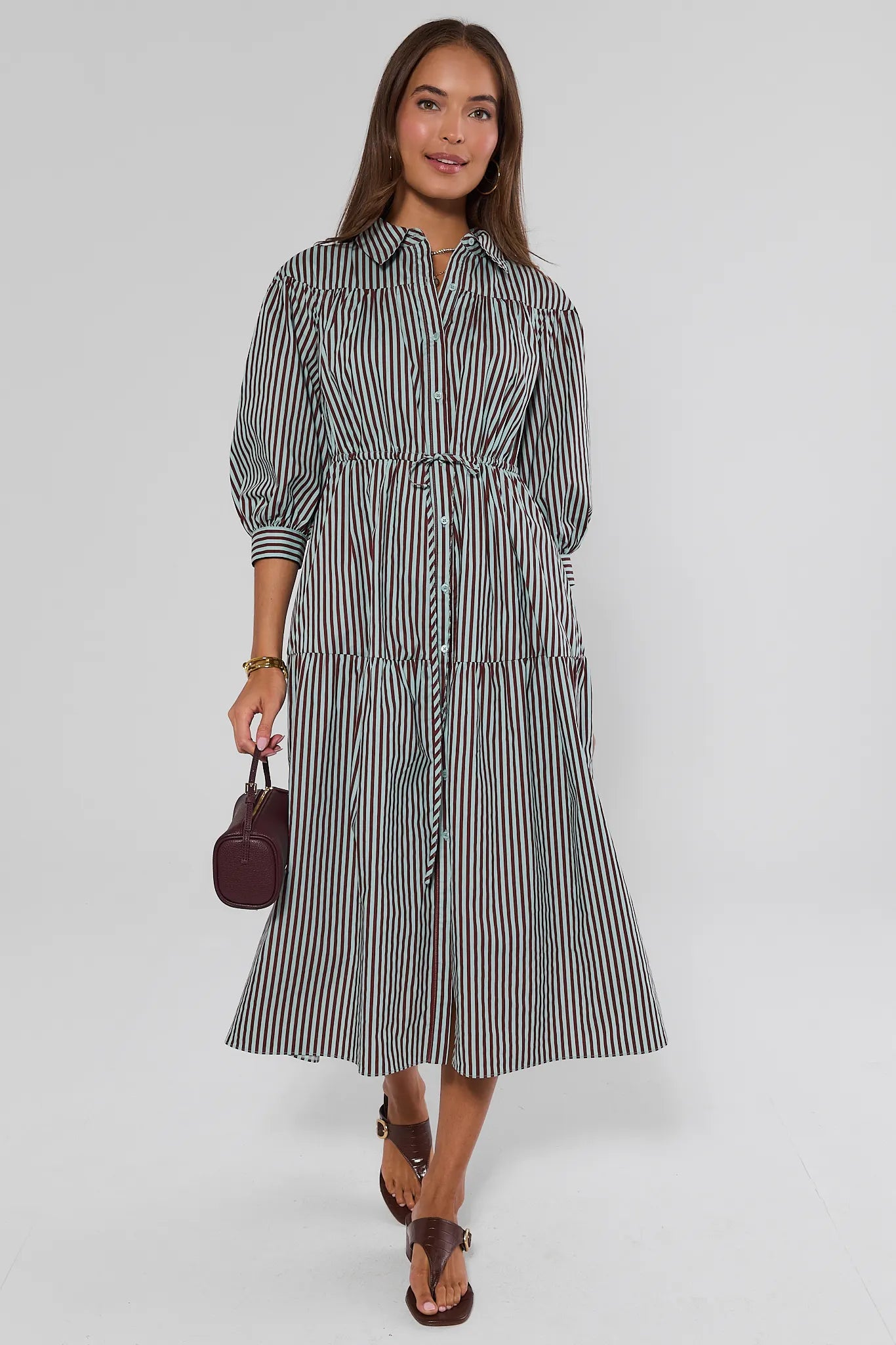 Brown Striped Button Up Midi Dress