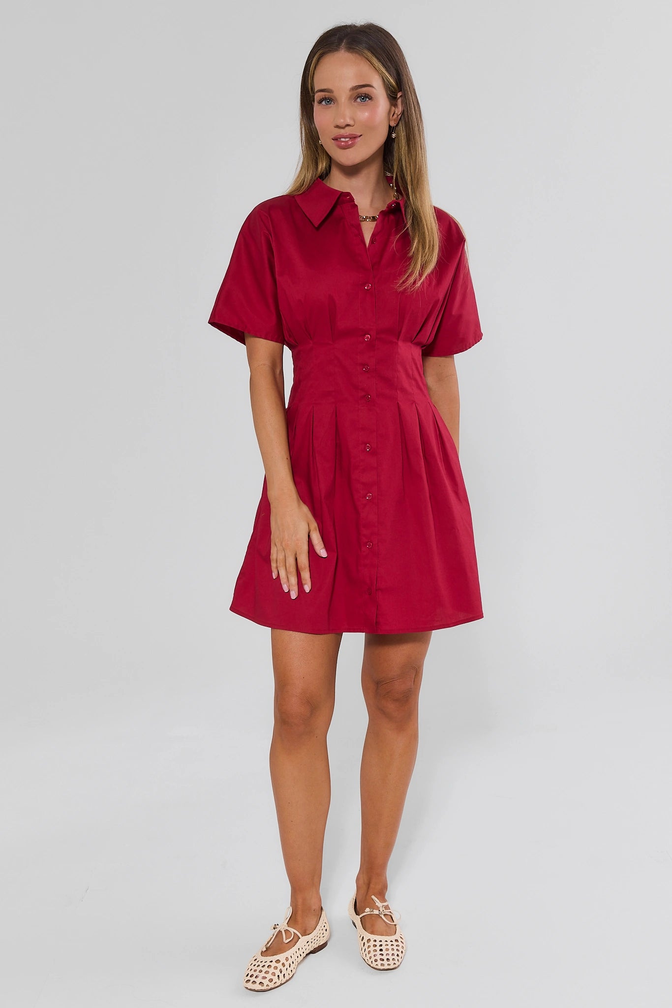 Olivia Red Button Up Short Dress