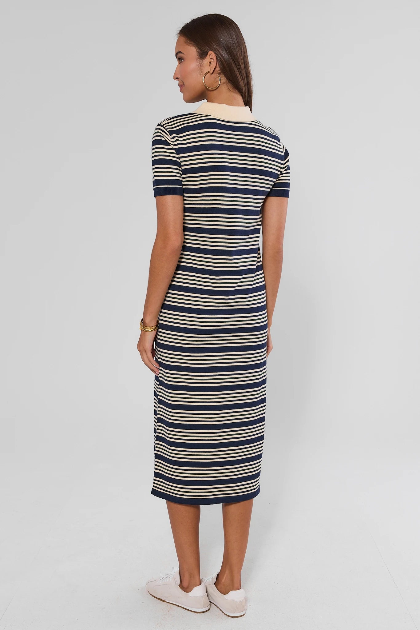 Navy Striped Collared Shirt Midi Dress