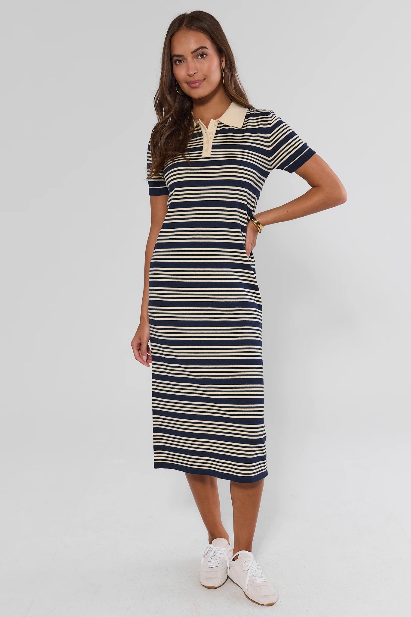 Navy Striped Collared Shirt Midi Dress