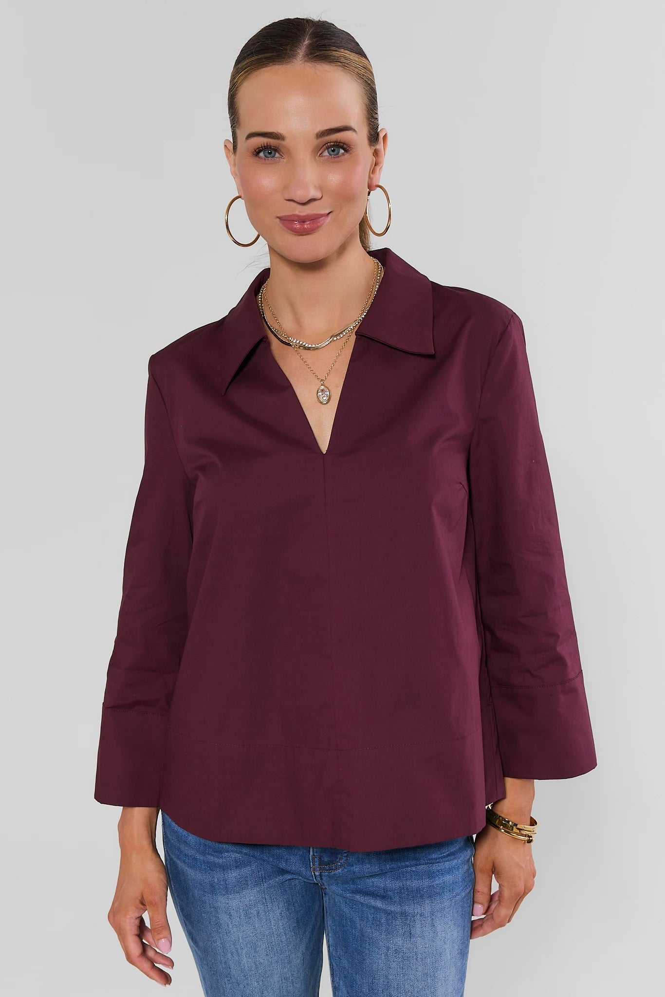Maroon Split Neck Collared Top