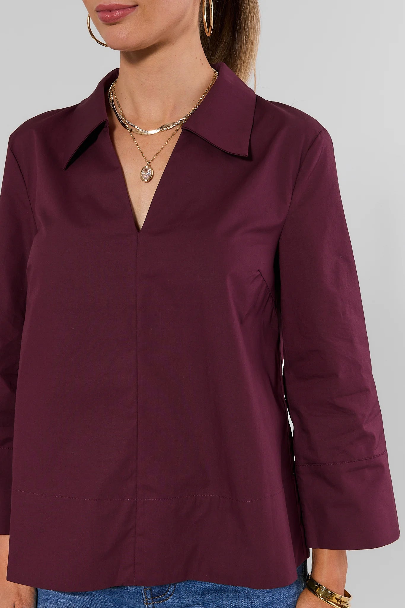 Maroon Split Neck Collared Top