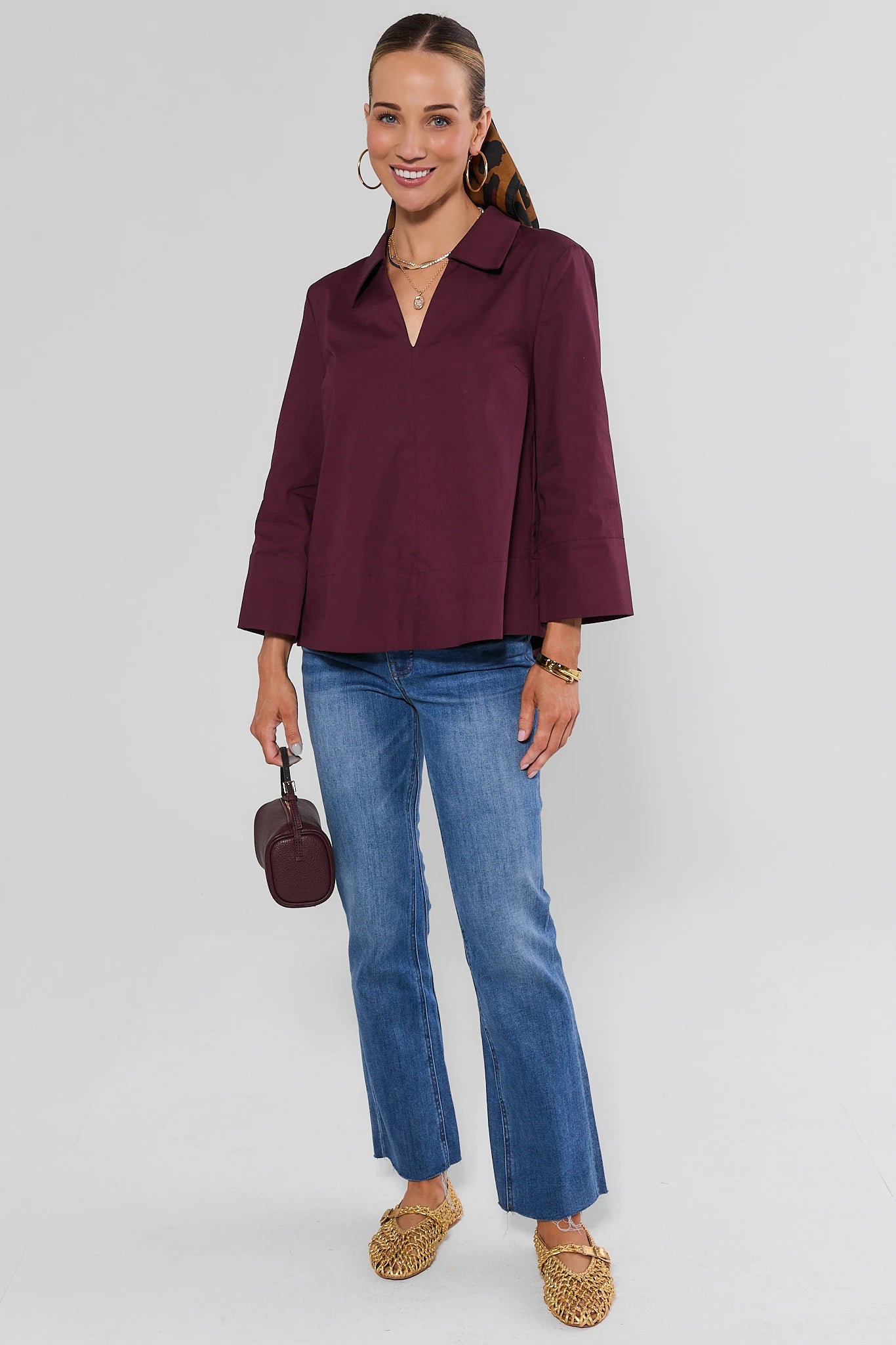 Maroon Split Neck Collared Top
