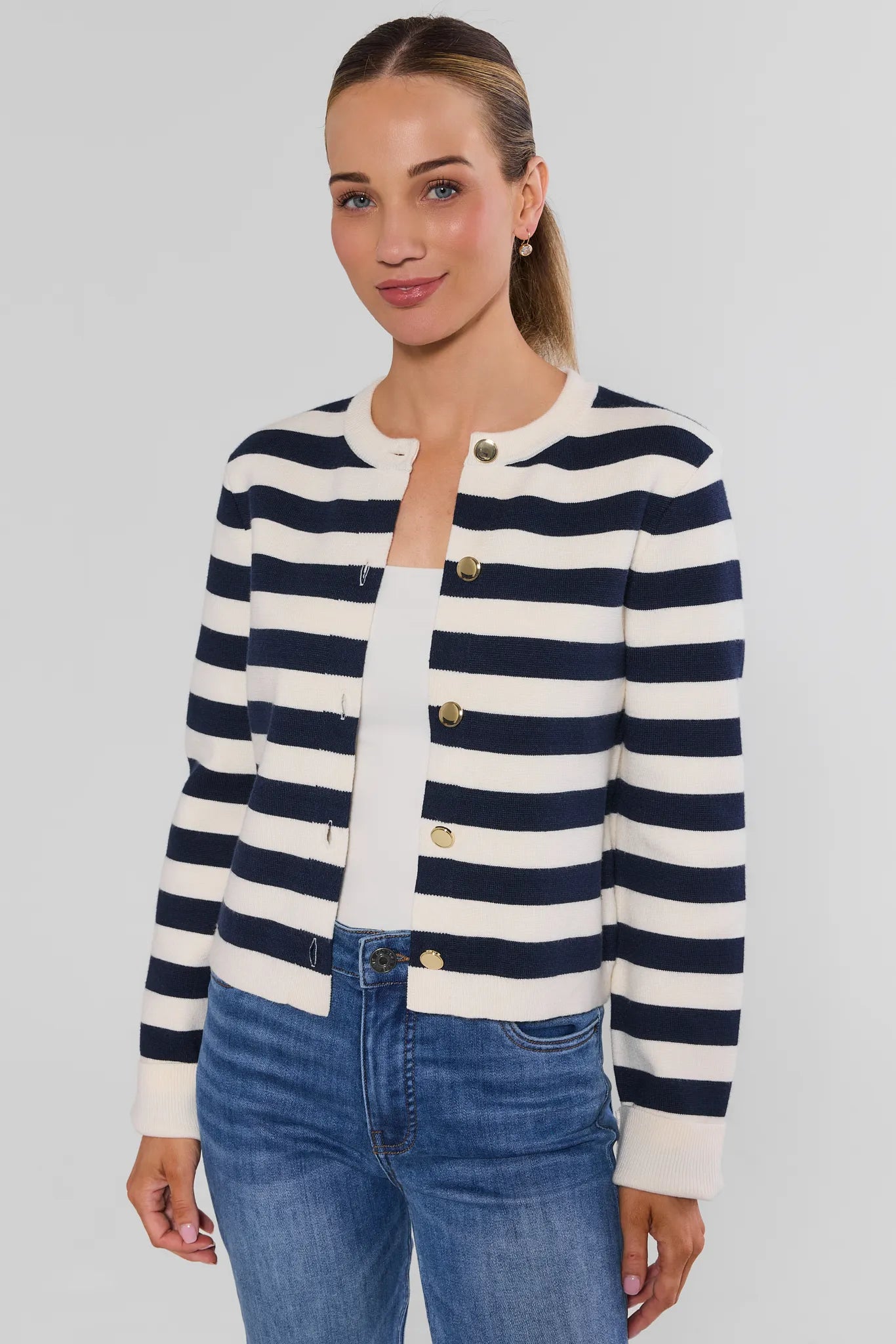 Navy Striped Button Up Cardigan
