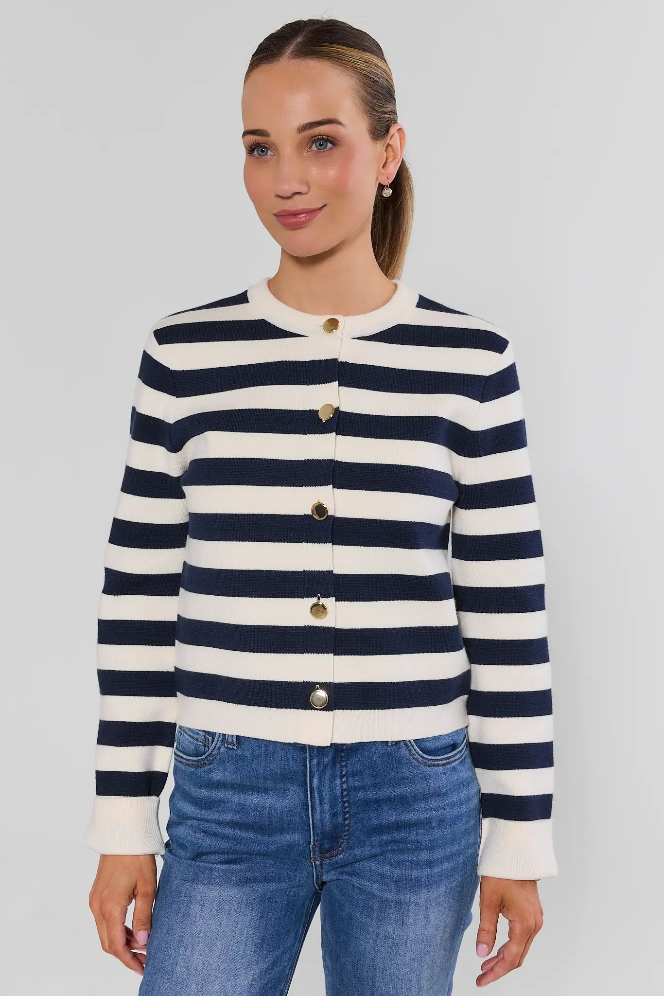 Navy Striped Button Up Cardigan