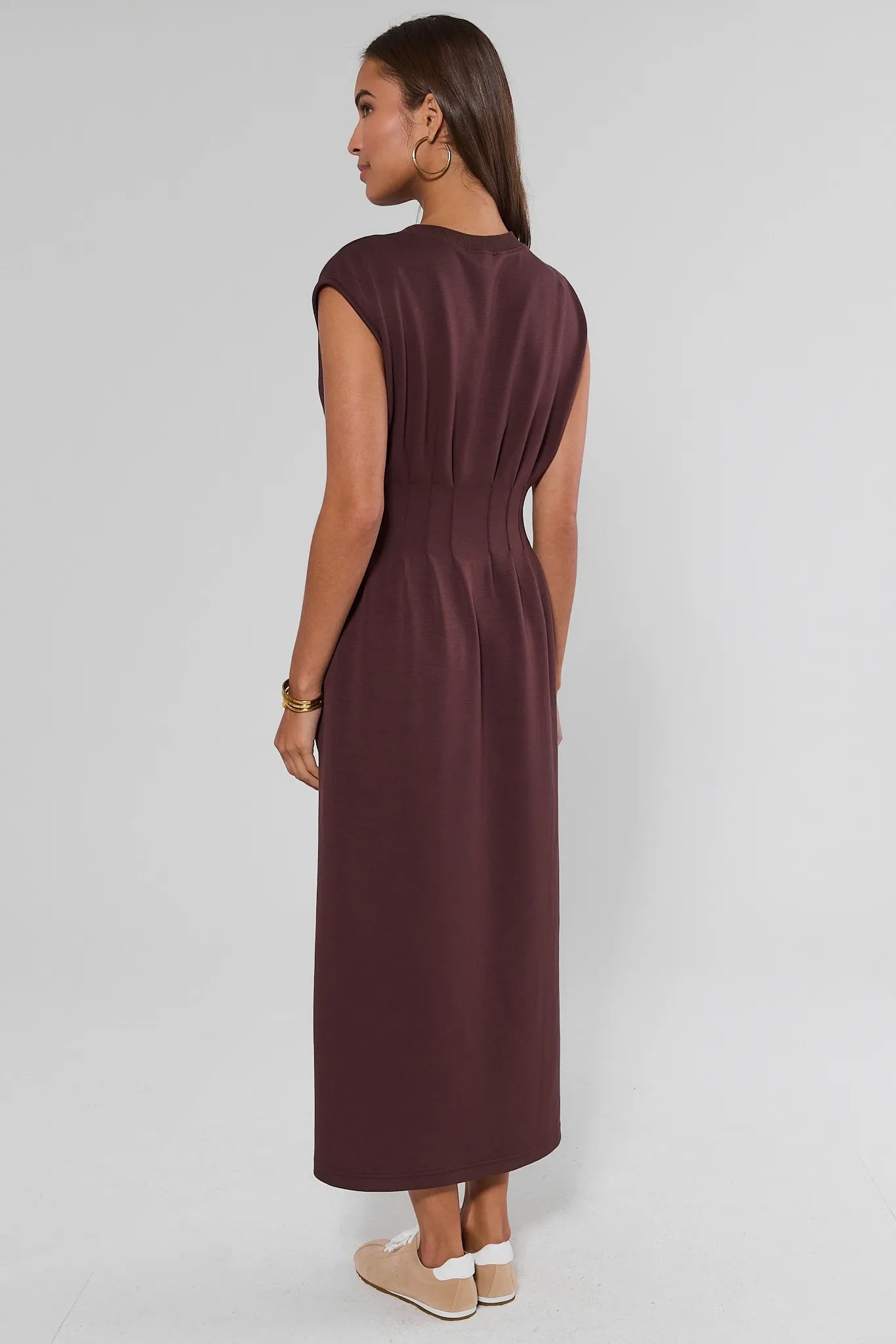 Brown Knit Pleated Midi Dress