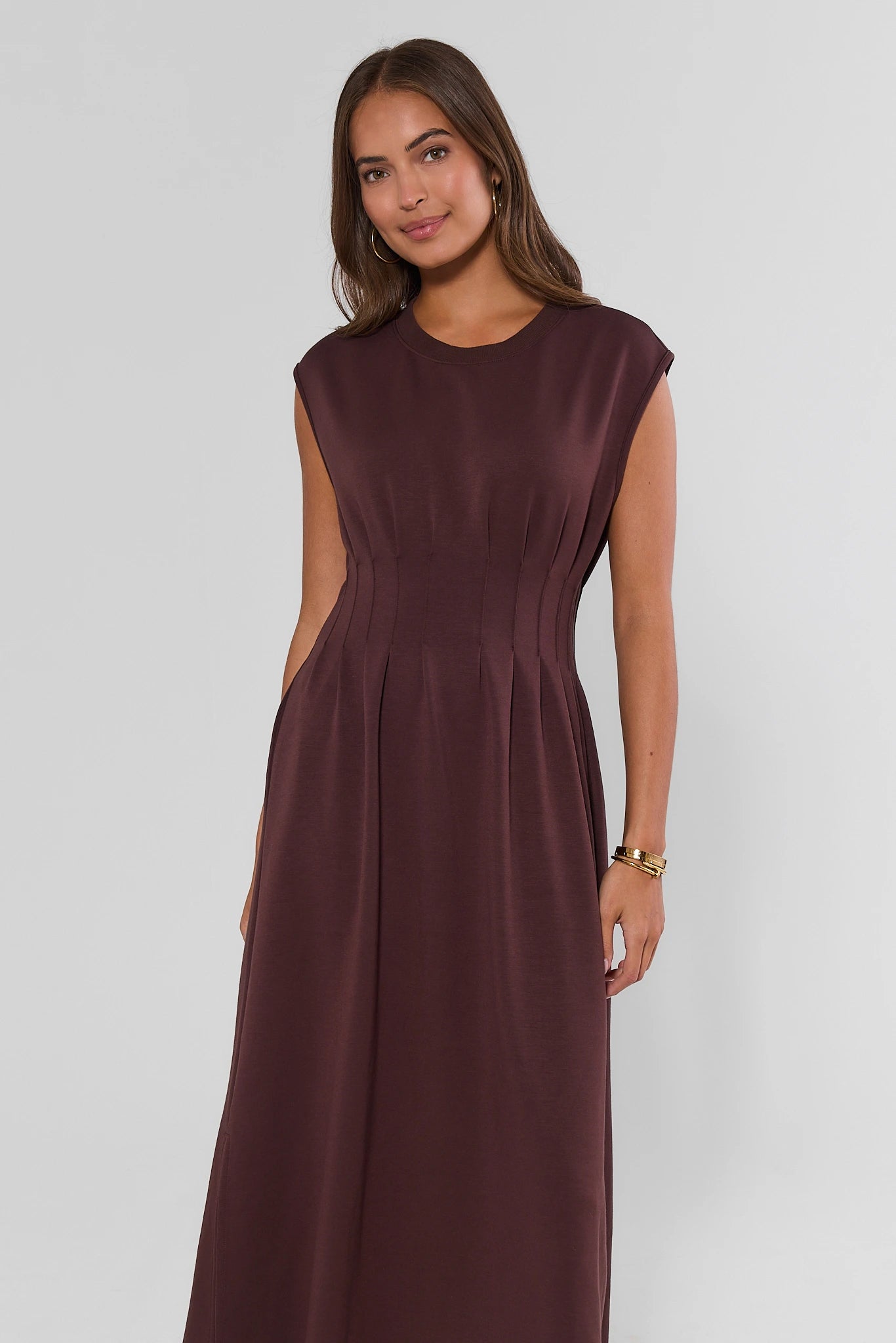 Brown Knit Pleated Midi Dress