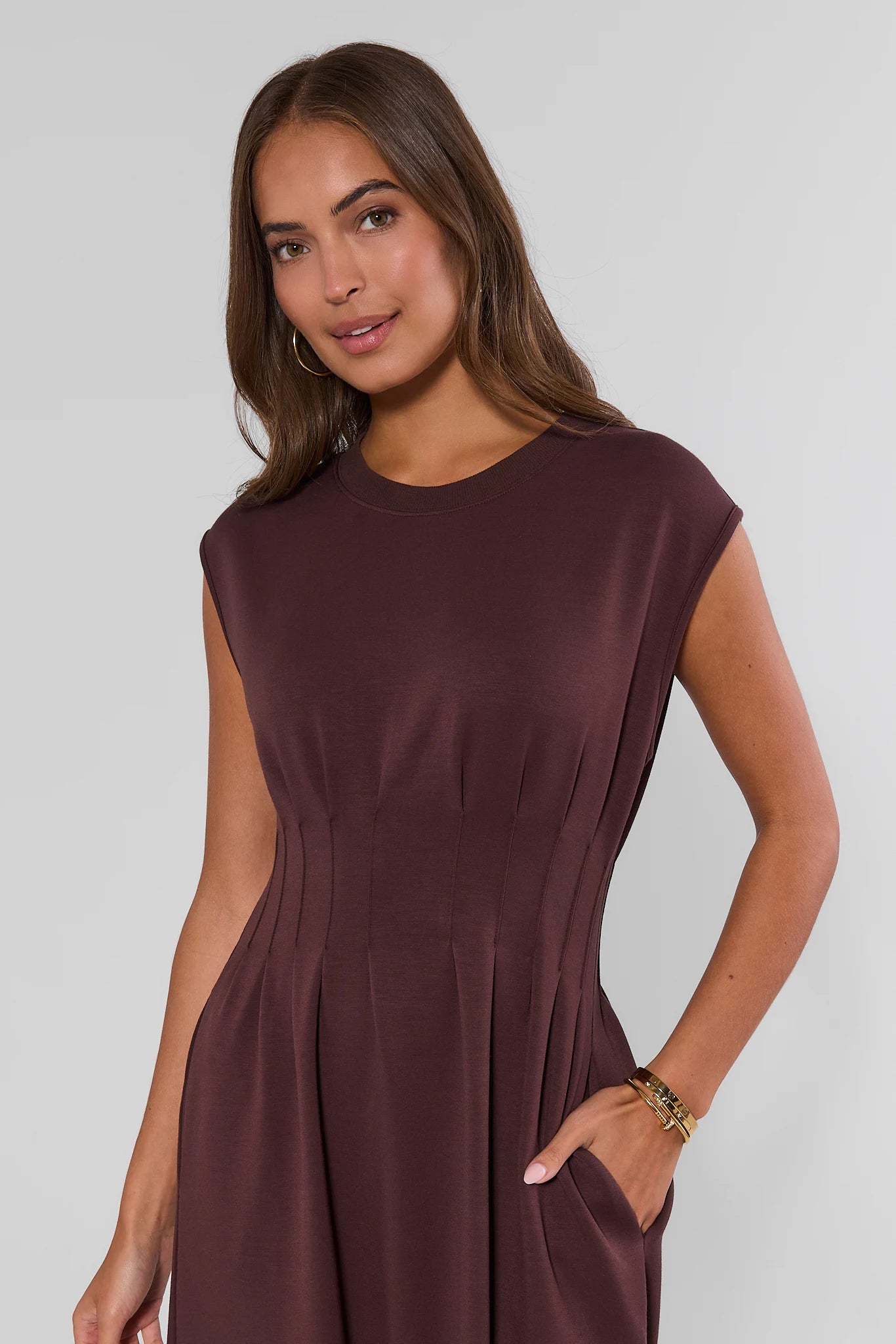 Brown Knit Pleated Midi Dress
