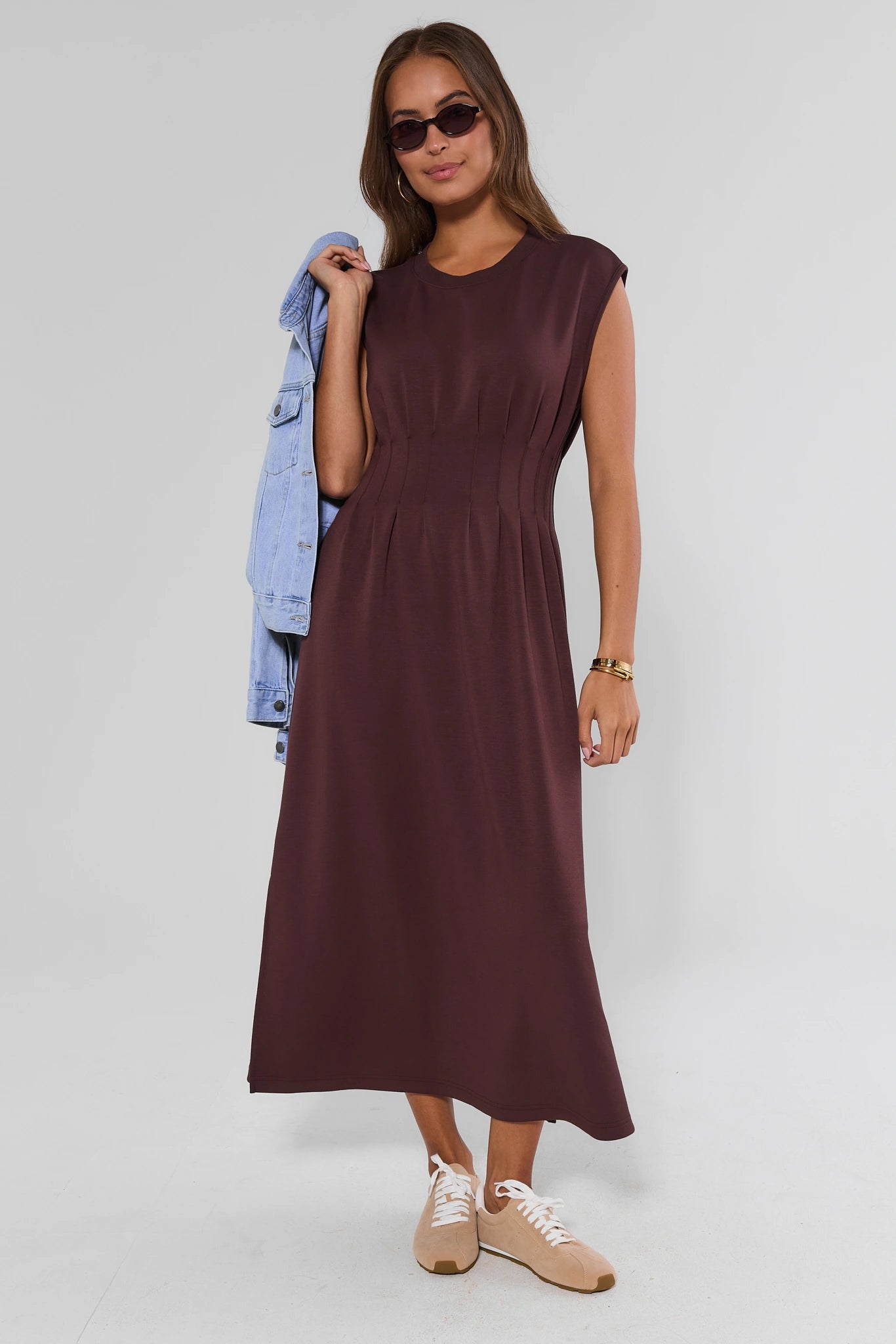 Brown Knit Pleated Midi Dress