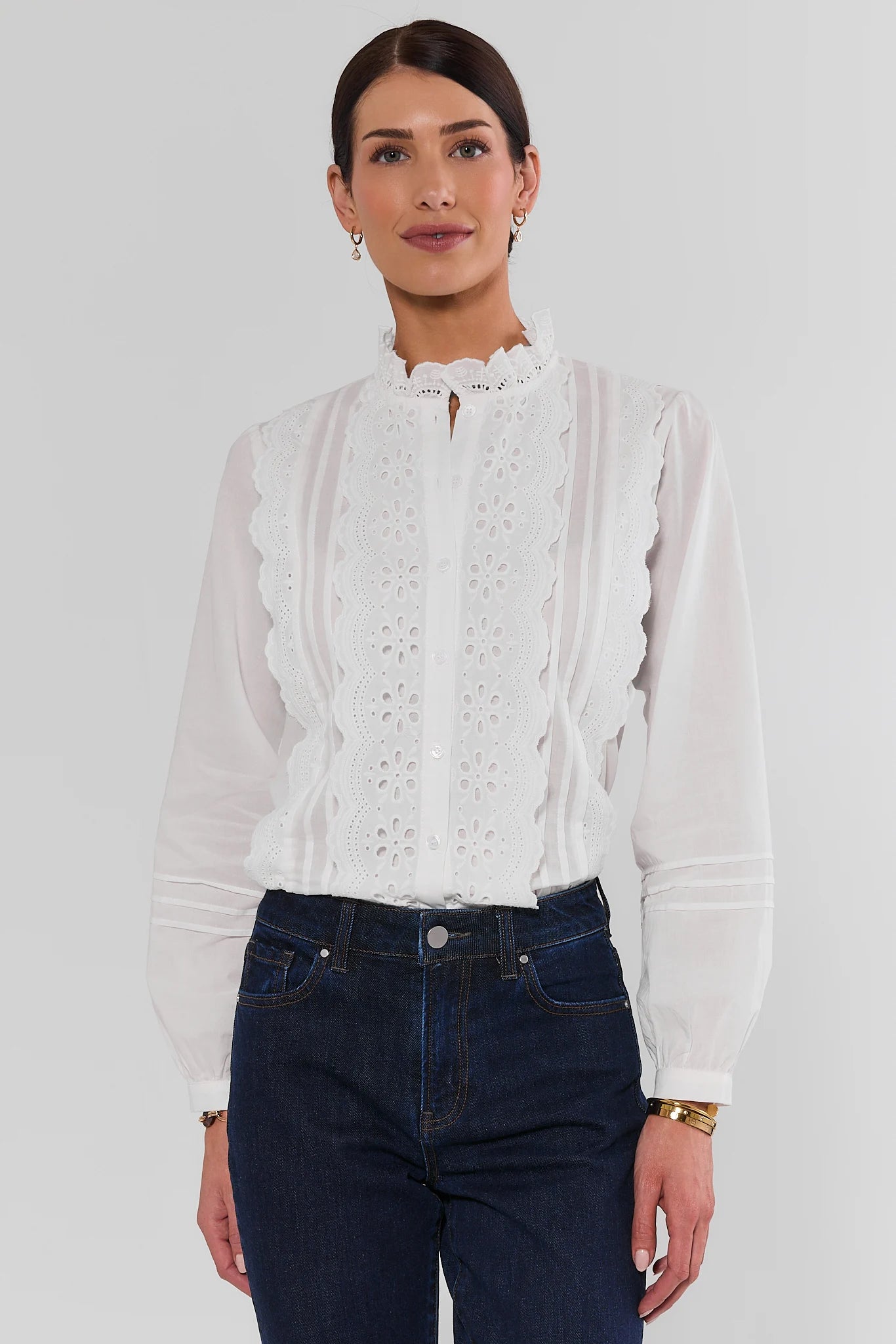 White Eyelet Detail Button Up Top
