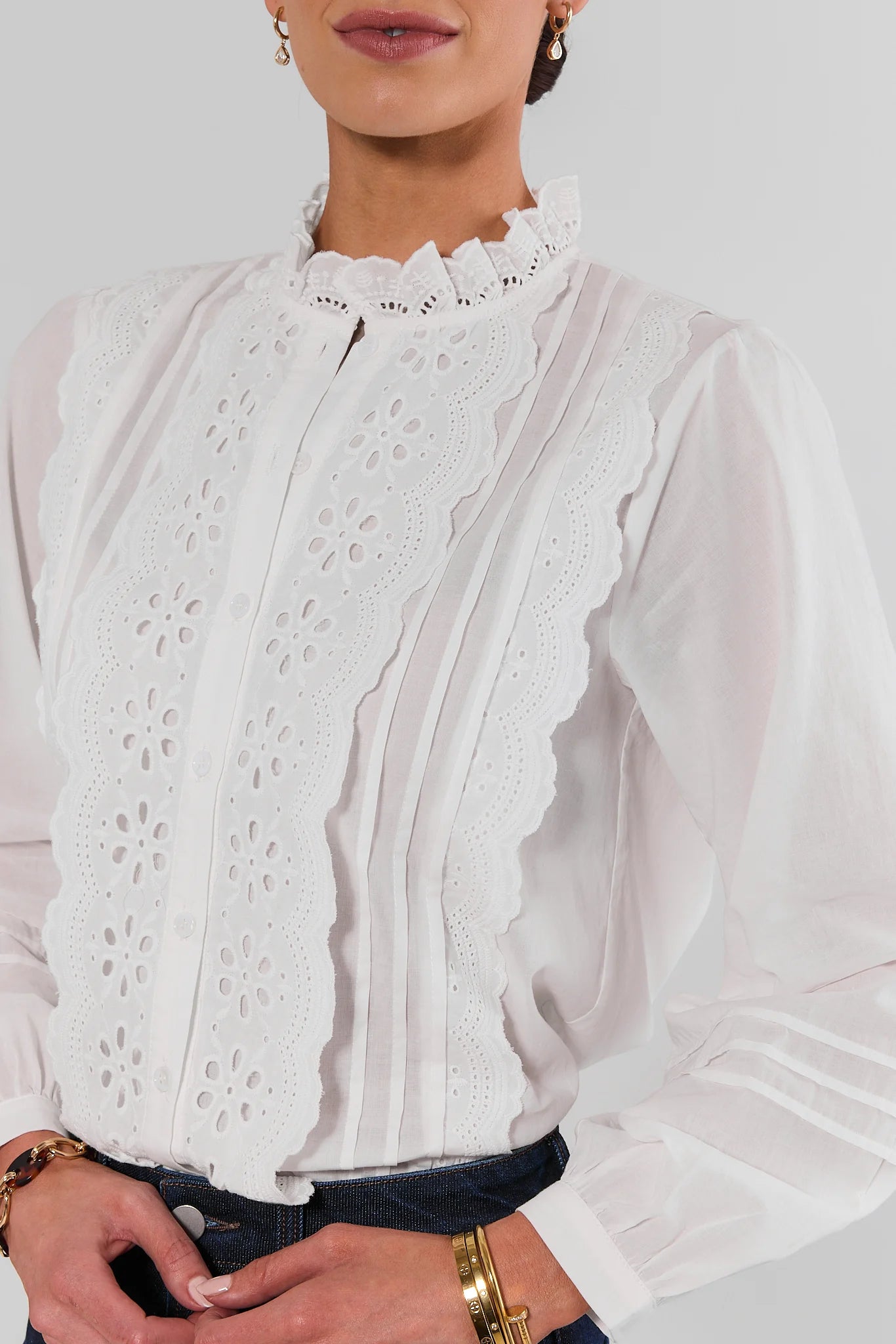 White Eyelet Detail Button Up Top