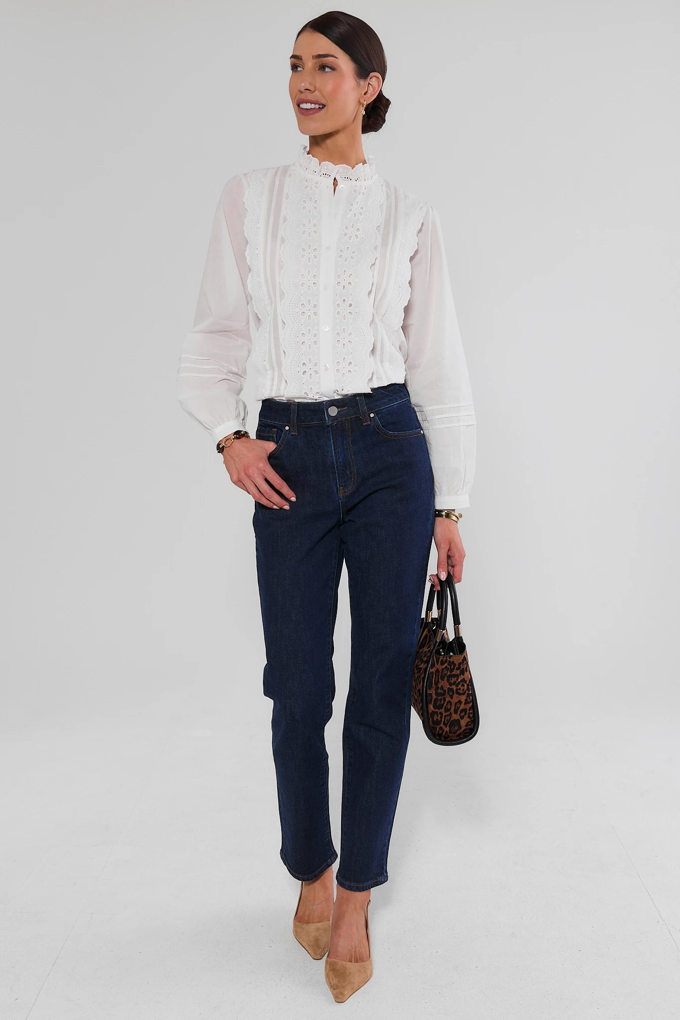 White Eyelet Detail Button Up Top