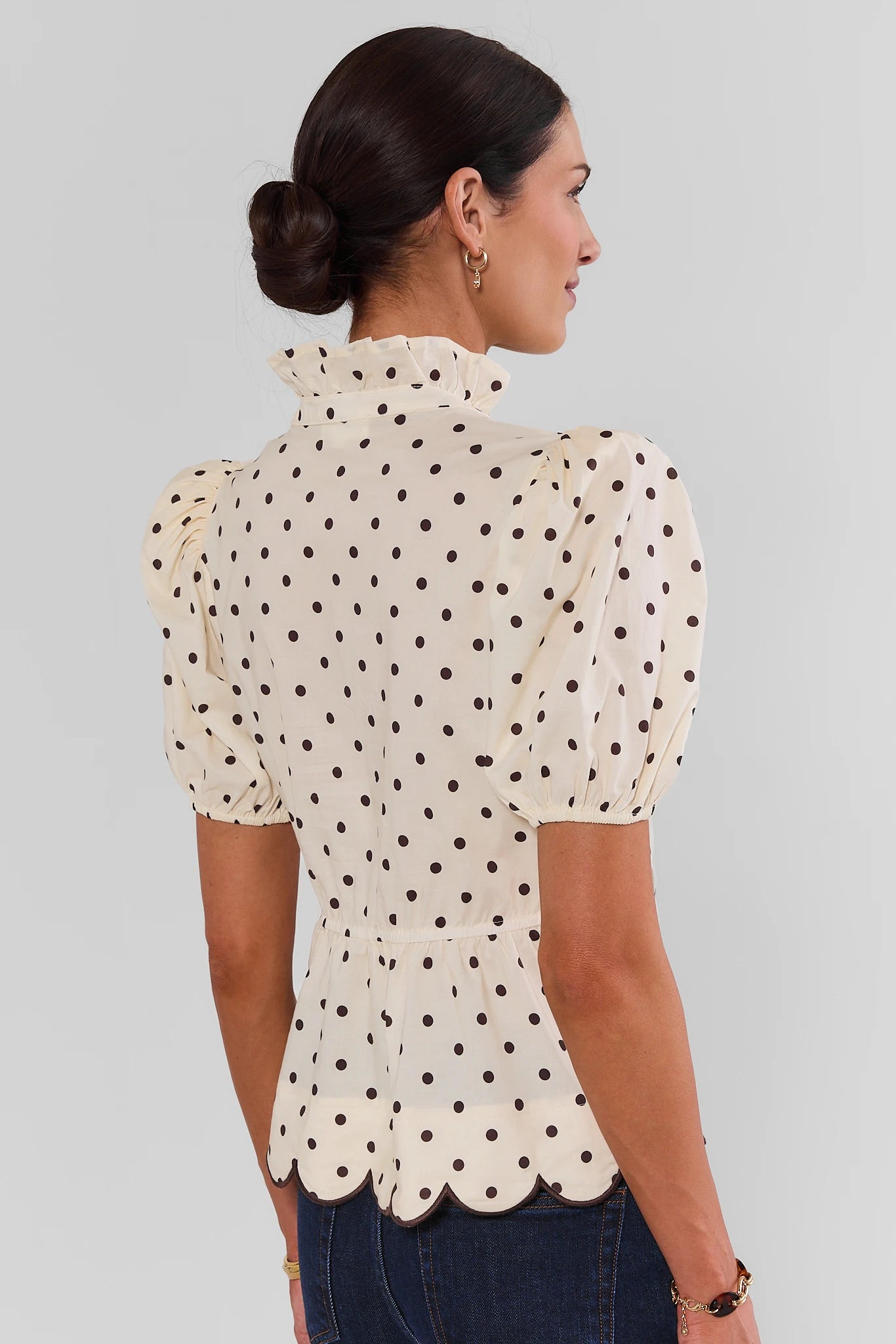 White Polka Dot Scalloped Peplum Top