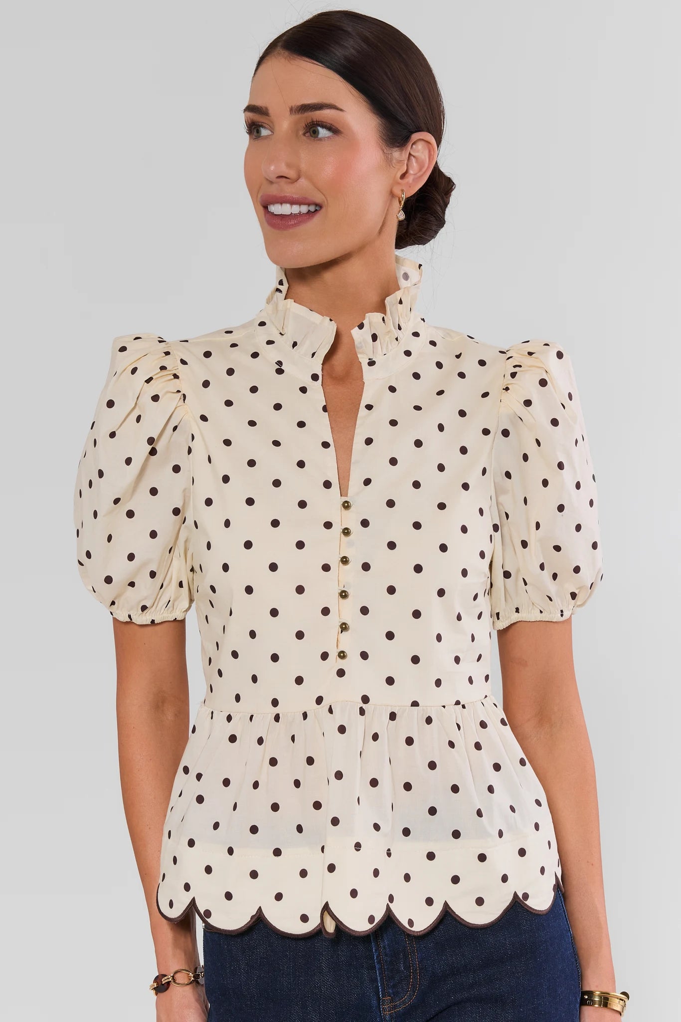 White Polka Dot Scalloped Peplum Top