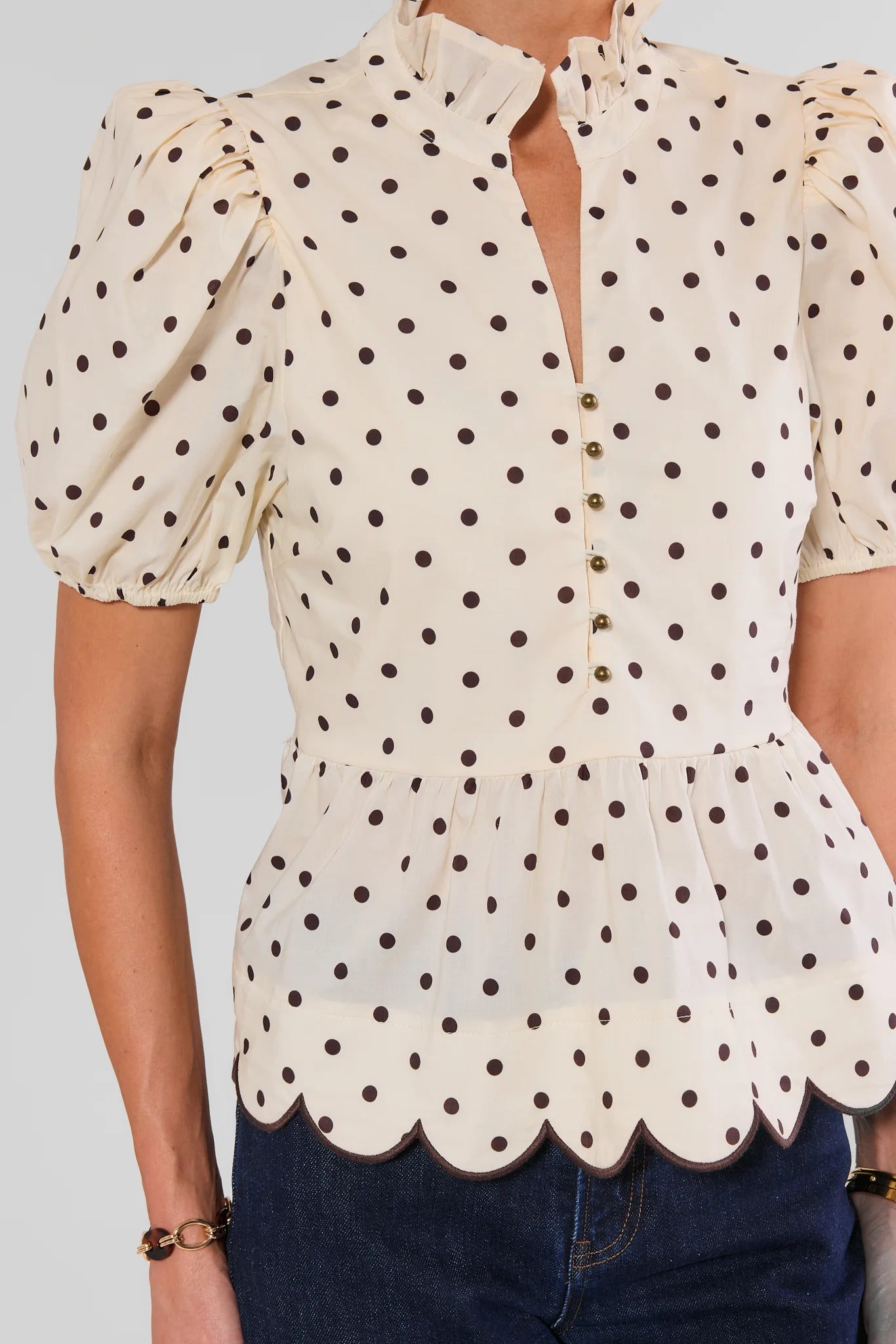 White Polka Dot Scalloped Peplum Top