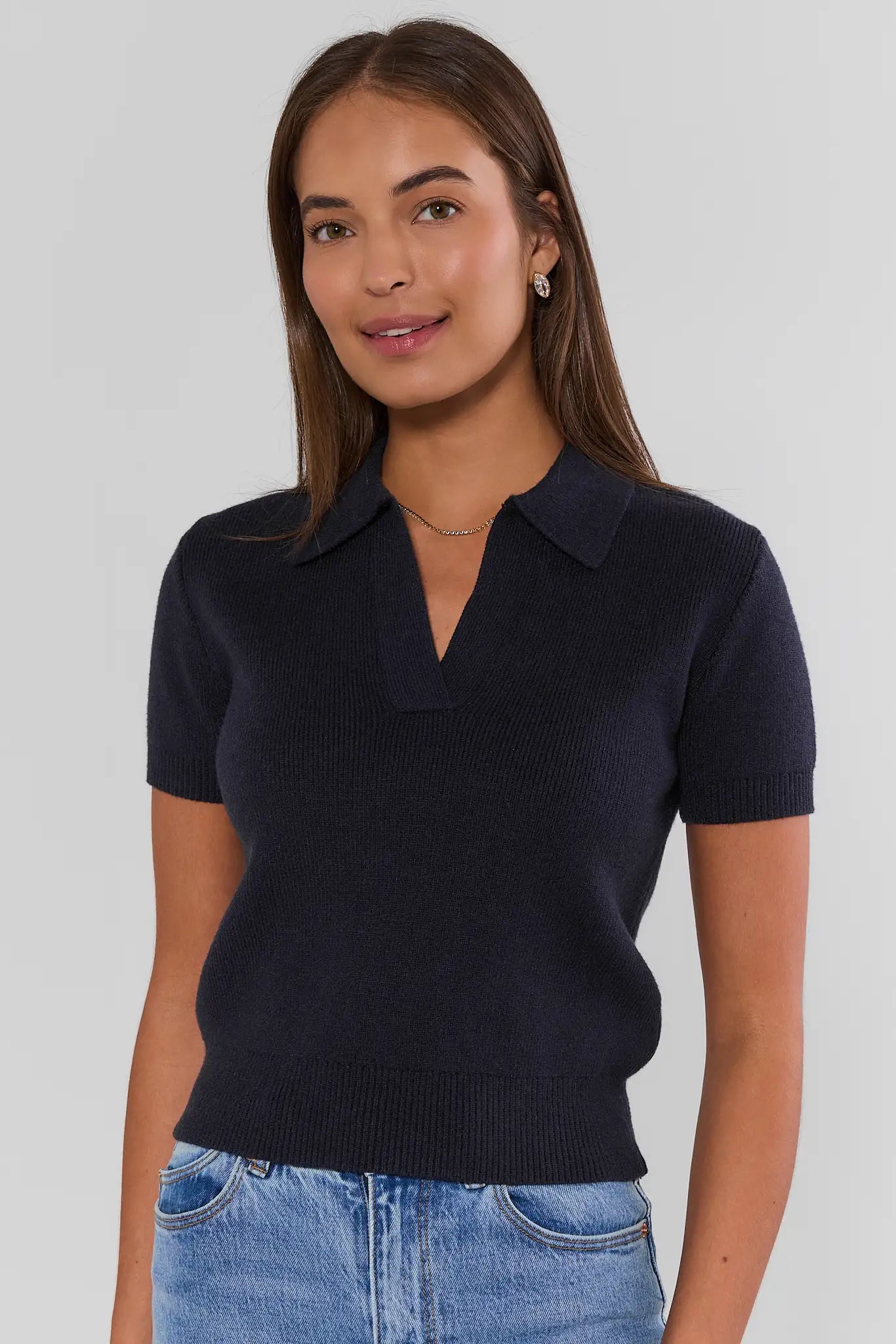 Navy Collared Knit Top