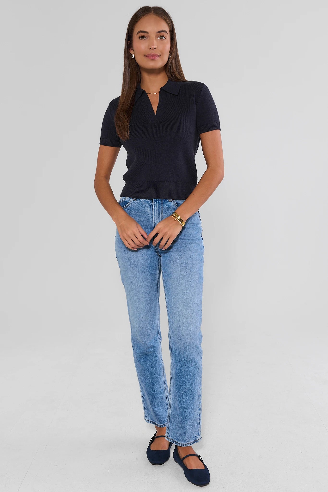Navy Collared Knit Top
