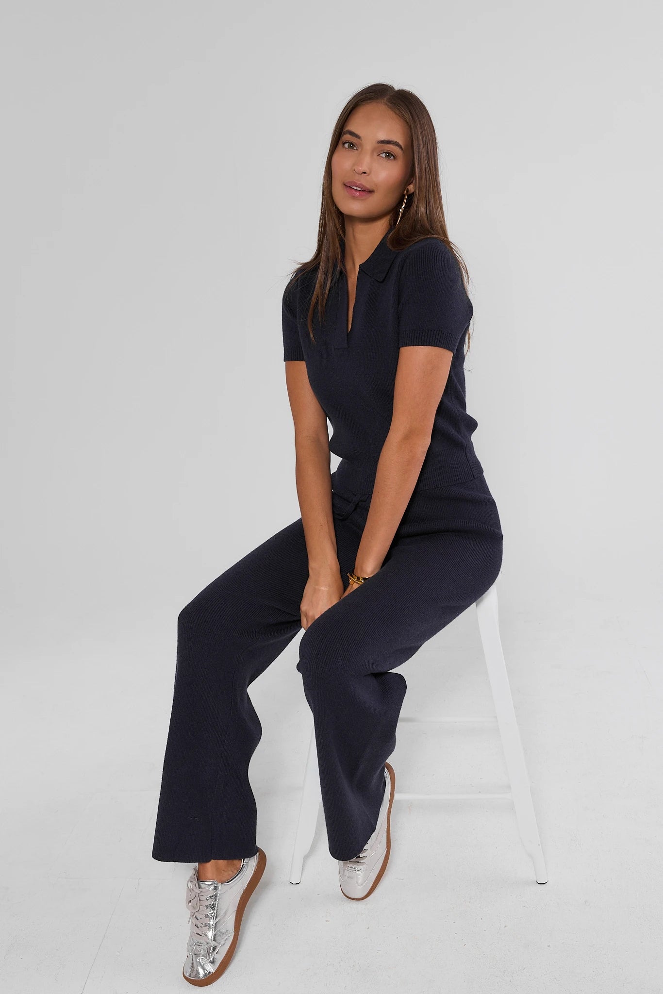 Navy Knit Wide Leg Lounge Pants