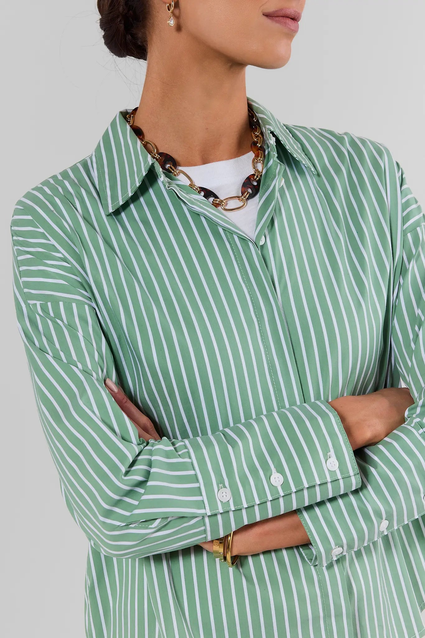 Green Striped Button Up Top