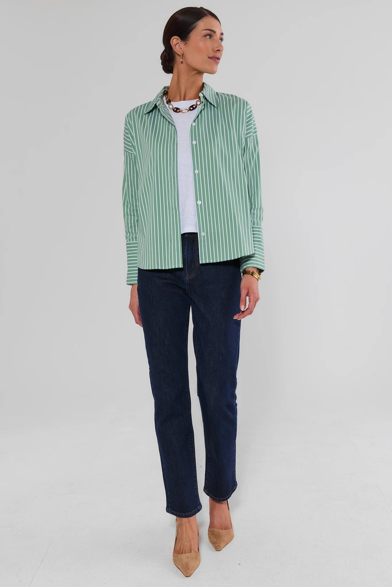 Green Striped Button Up Top