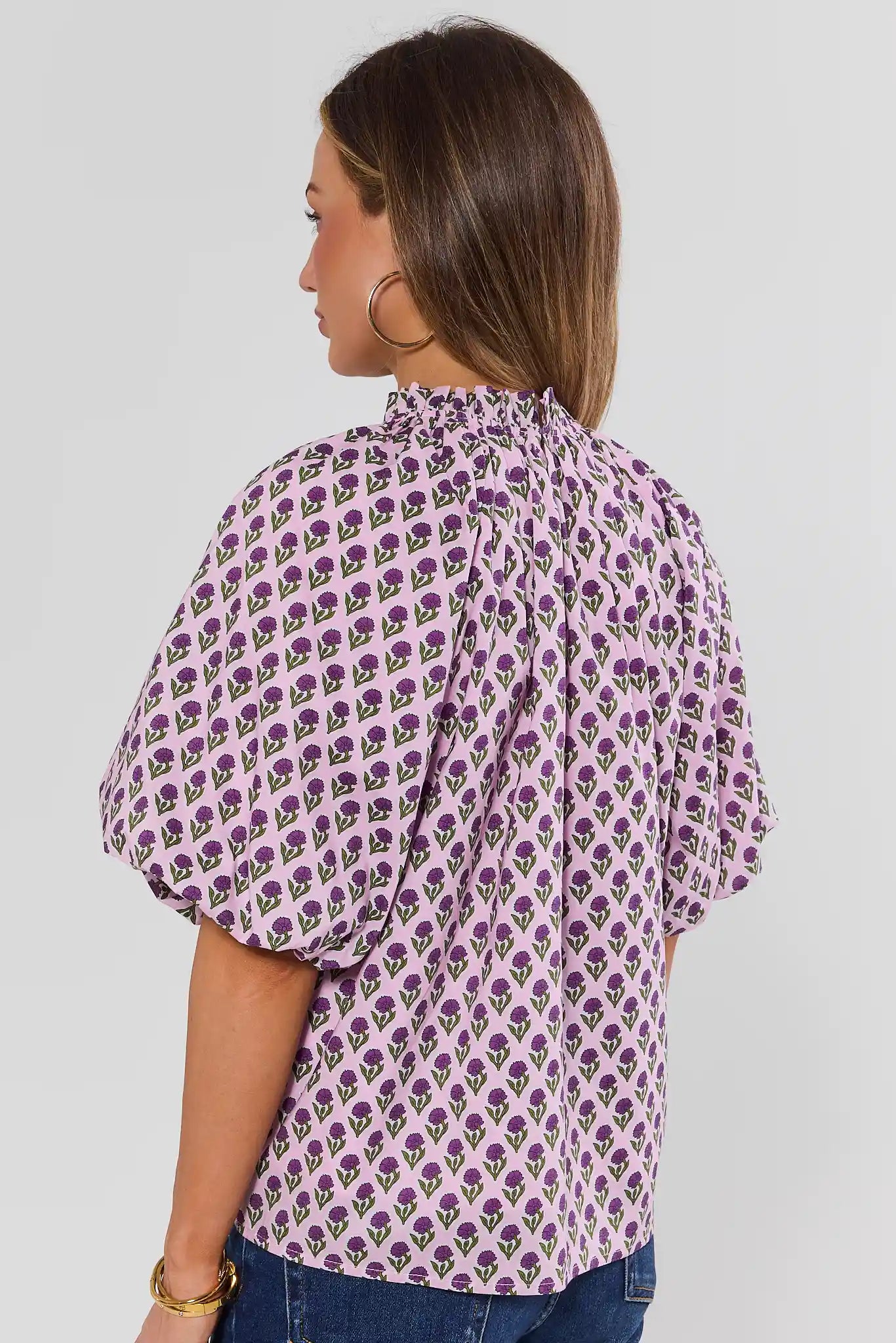 Purple Block Print Gathered Top