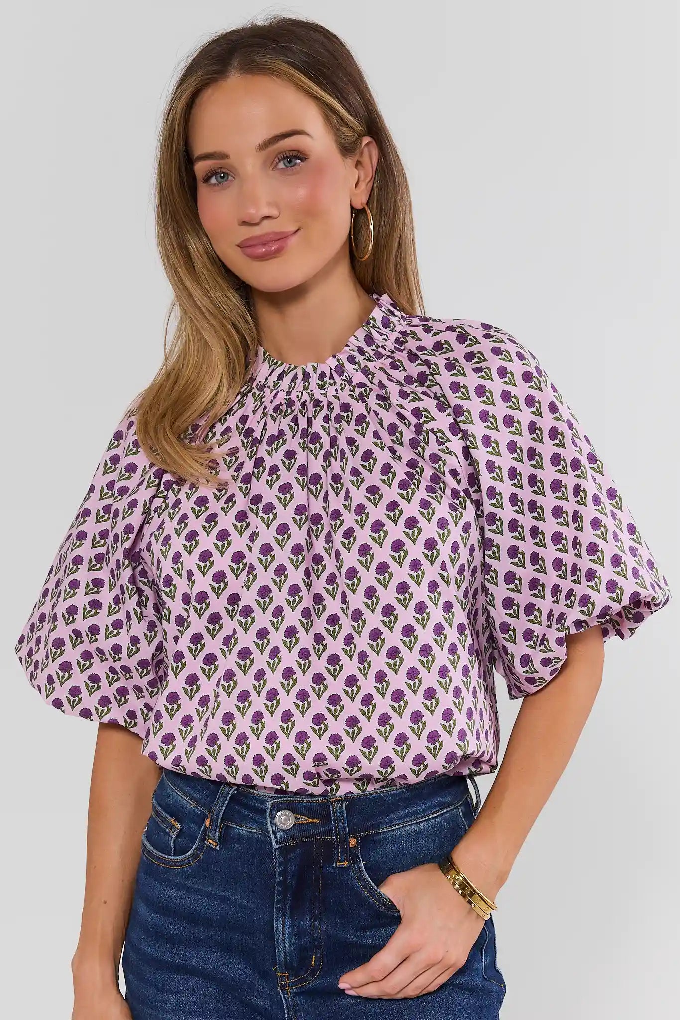 Purple Block Print Gathered Top