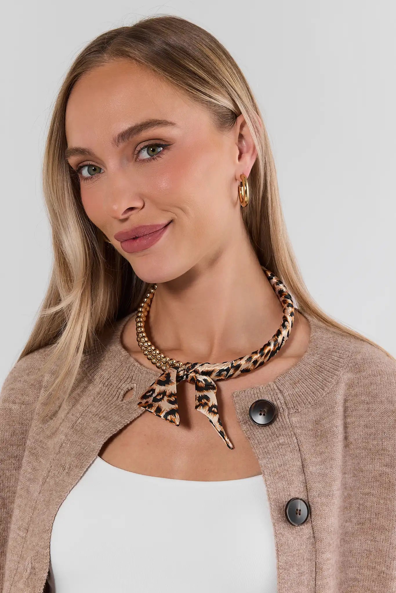 Gold Beaded Leopard Scarf Necklace