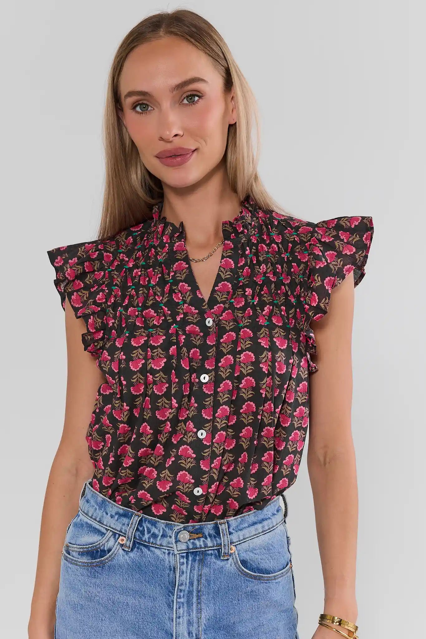 Brown Floral Print Button Up Top by THML