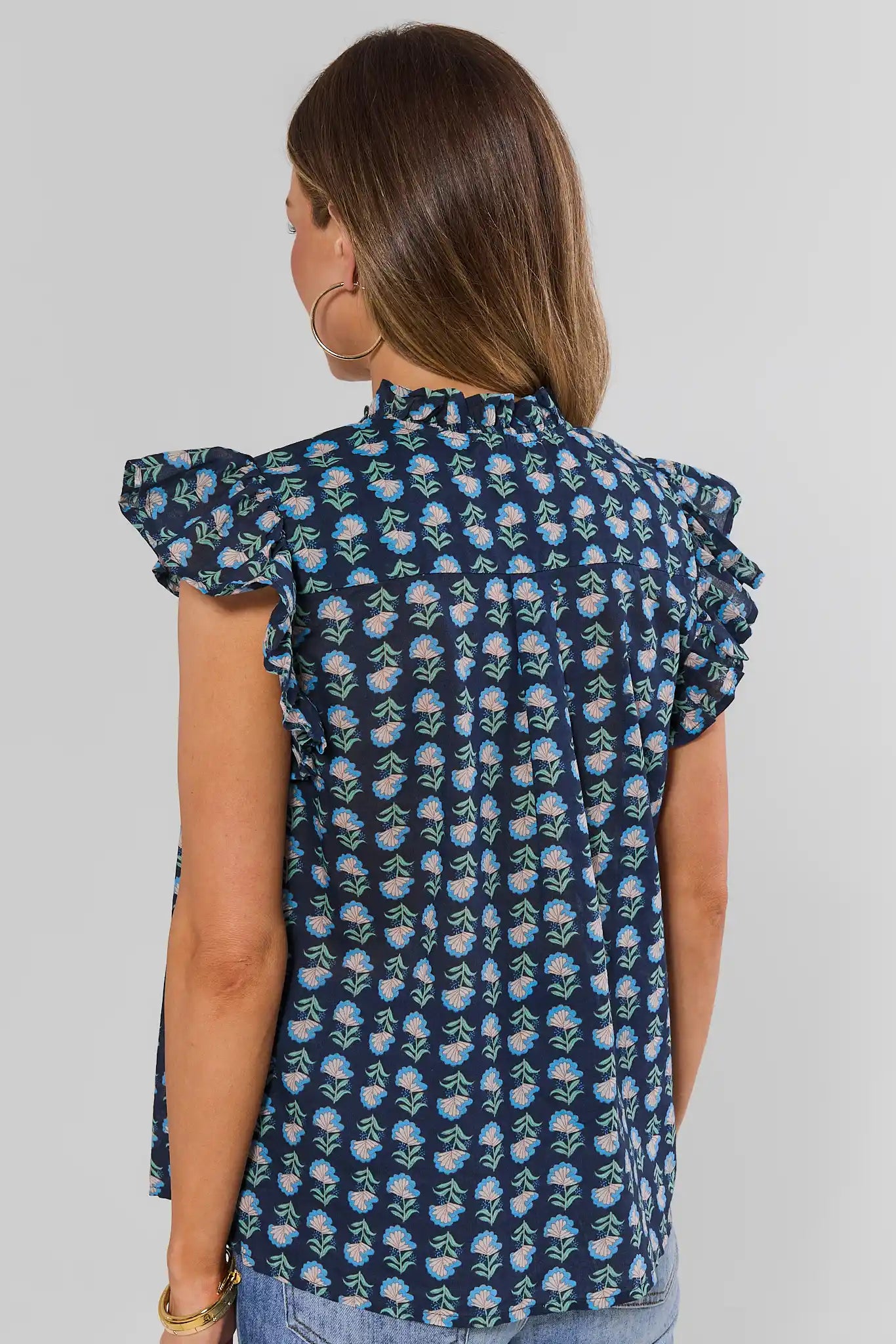 Navy Floral Print Button Up Top by THML