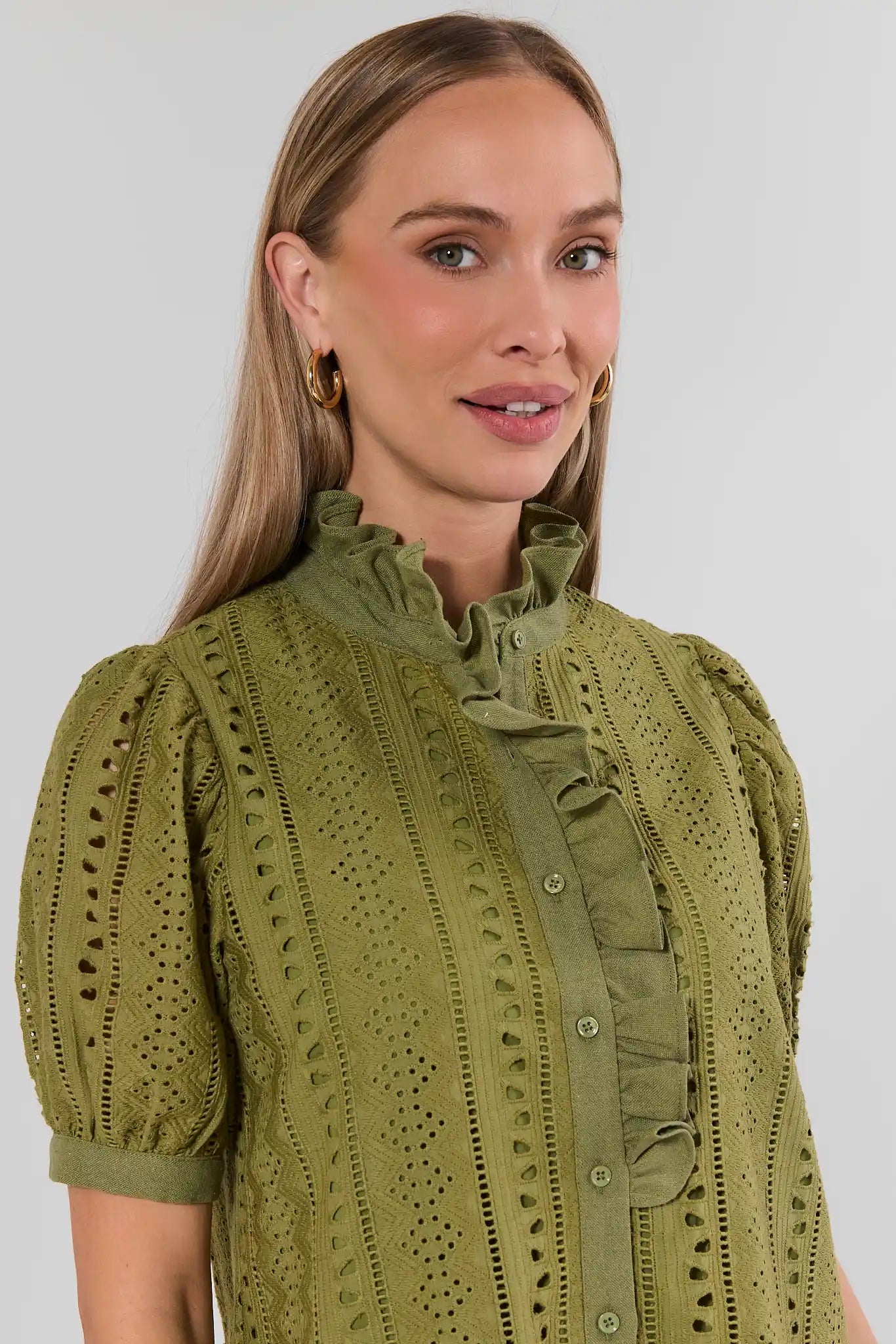 Green Eyelet Button Up Maxi Dress