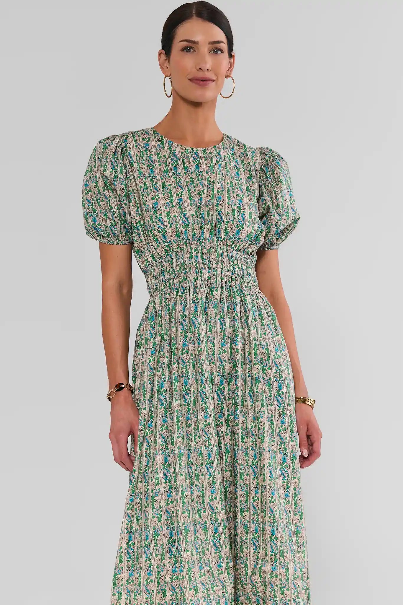 Green Floral Scalloped Hem Midi Dress