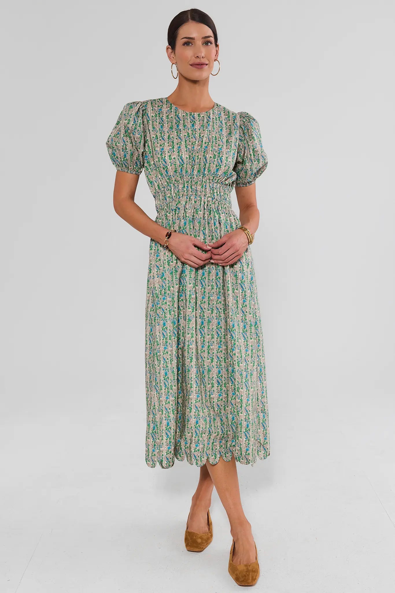 Green Floral Scalloped Hem Midi Dress