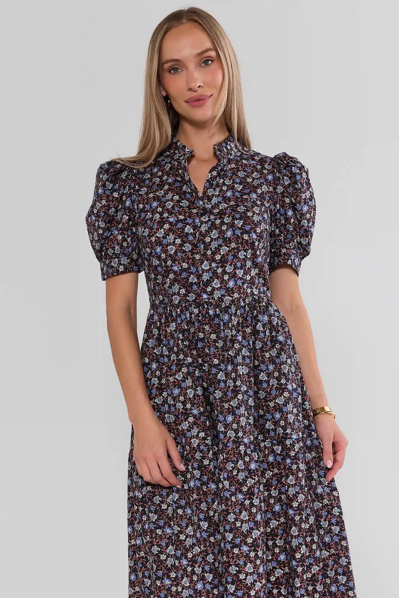 Blake Blue Floral Tiered Midi Dress