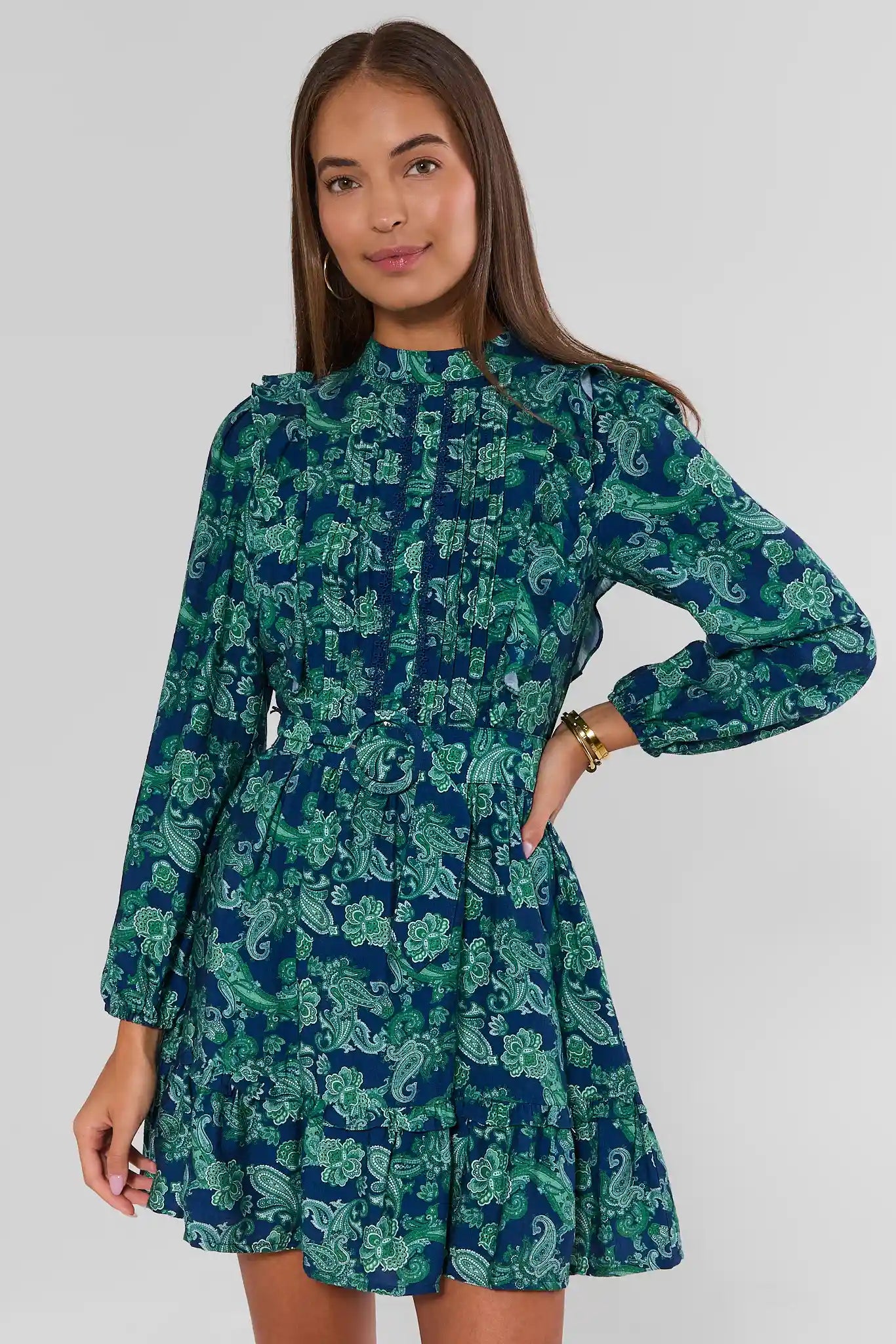 Blue Paisley Ruffle Detail Short Dress