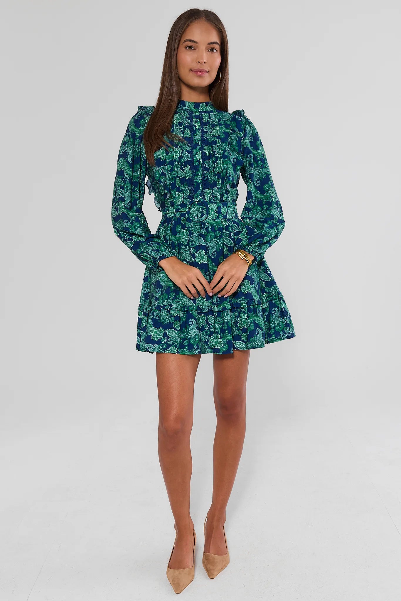 Blue Paisley Ruffle Detail Short Dress