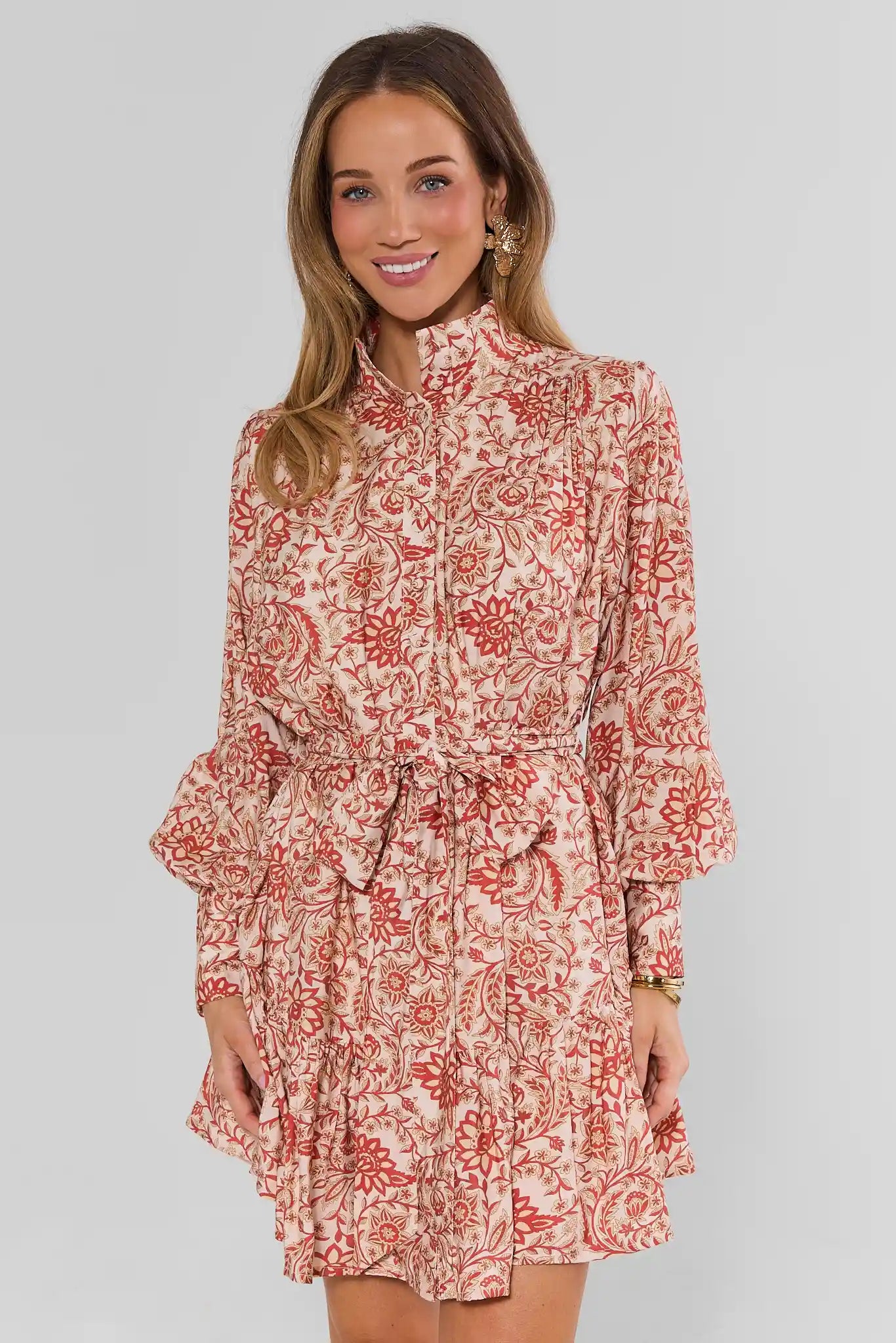 Orange Floral Tie Waist Short Dress