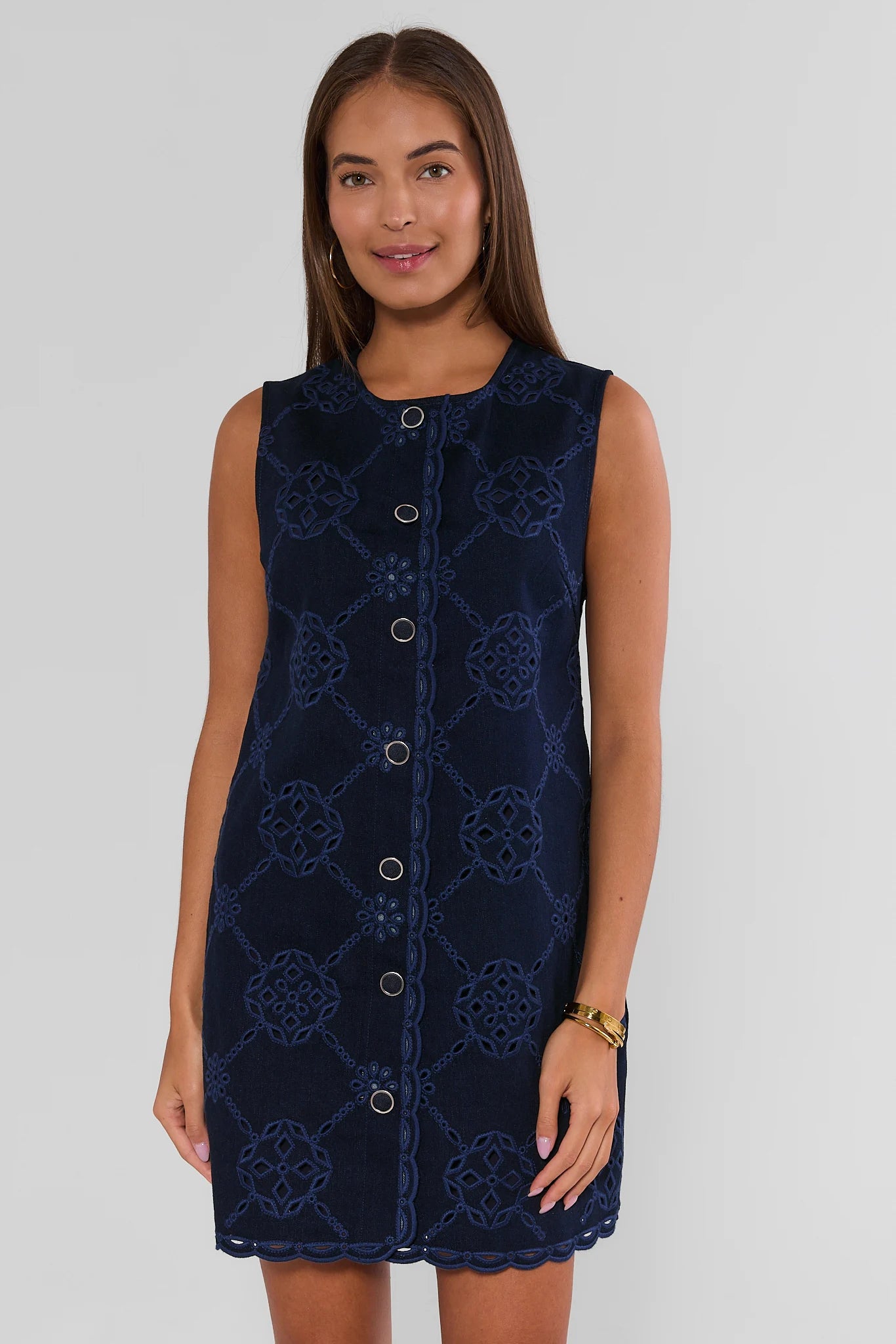Navy Eyelet Button Up Short Dress