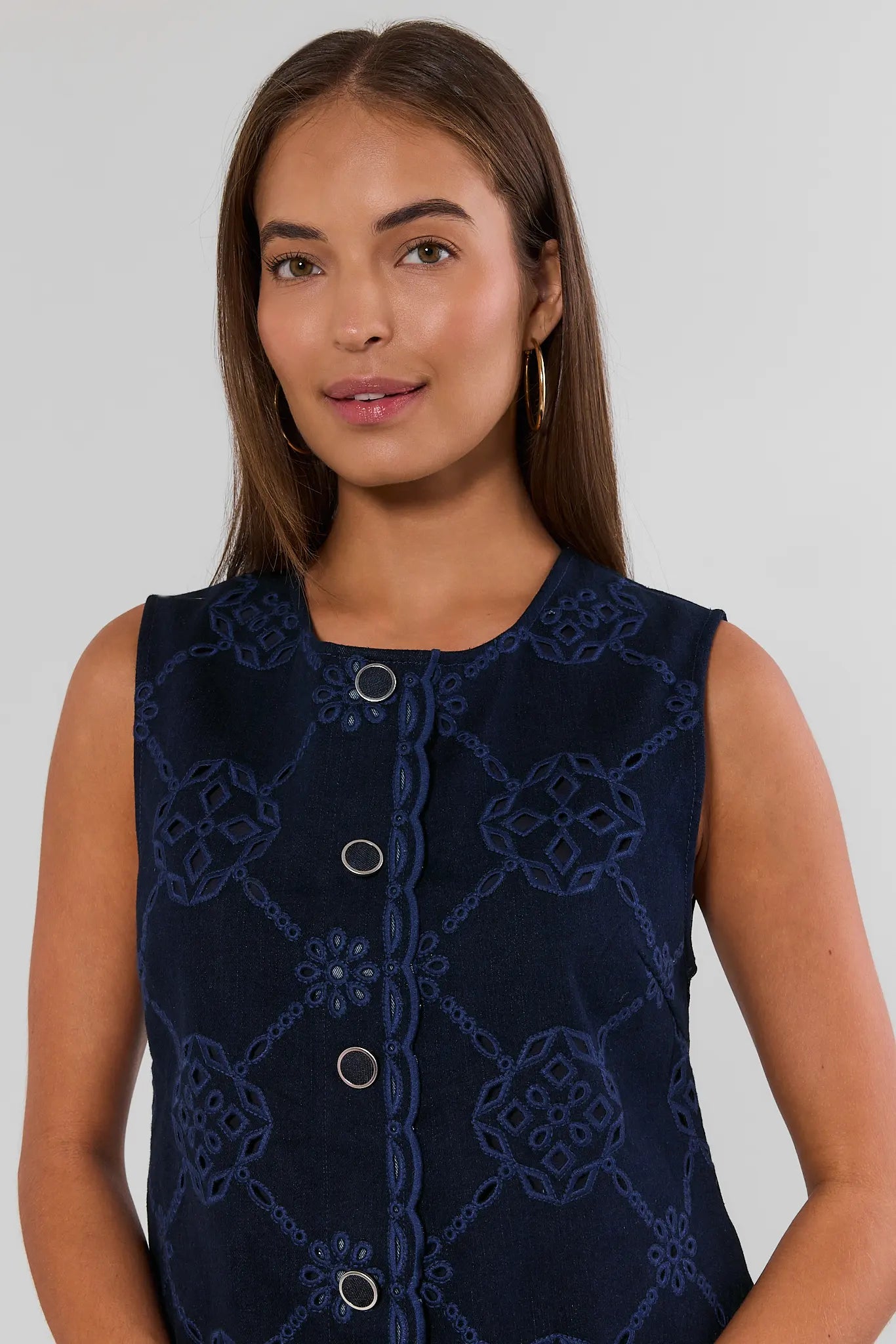Navy Eyelet Button Up Short Dress